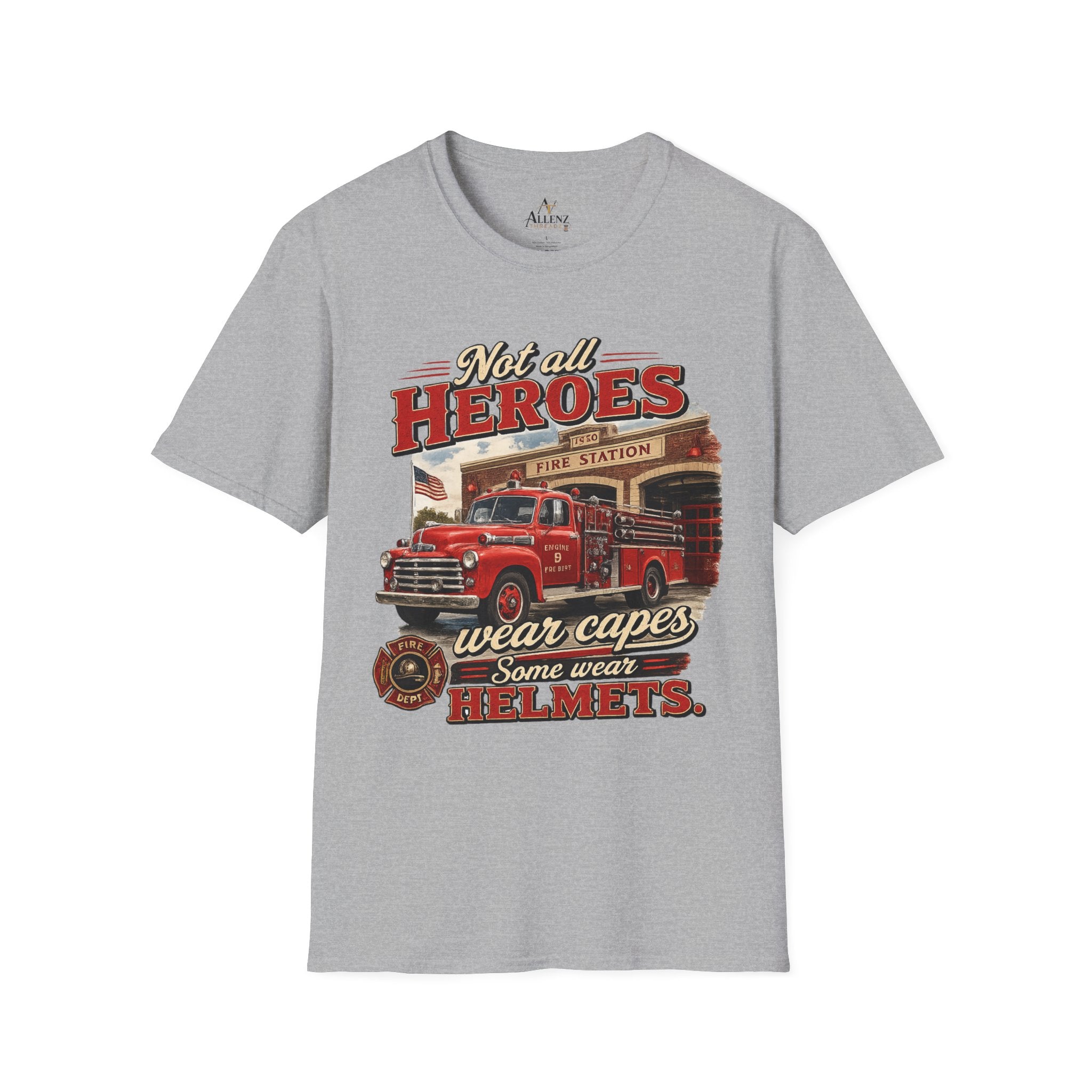 Firefighter T-Shirt — "Not All Heroes Wear Capes, Some Wear Helmets" Vintage Fire Truck Tee