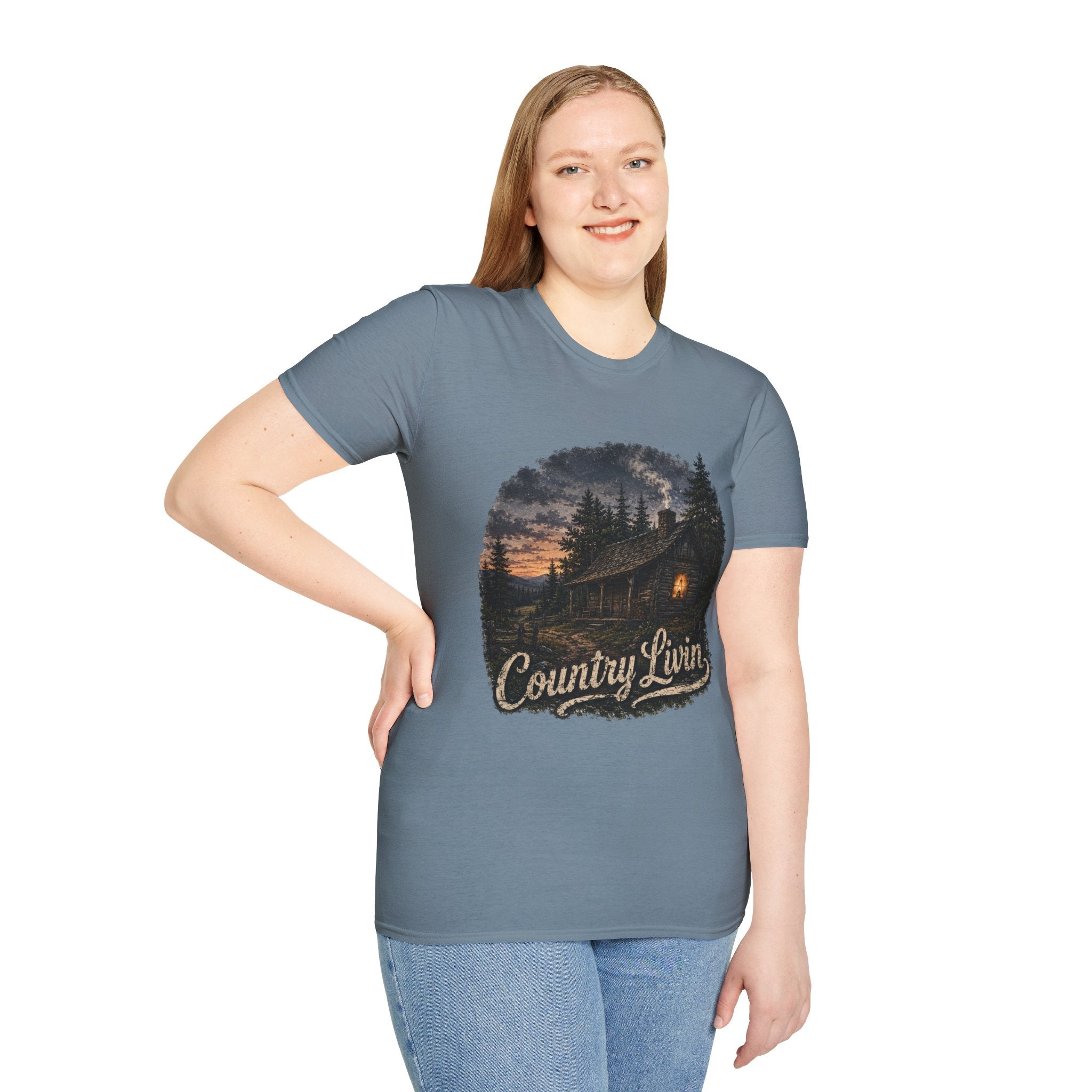 Country Livin' Cabin T‑Shirt — Rustic Sunset Woodlands Graphic Tee