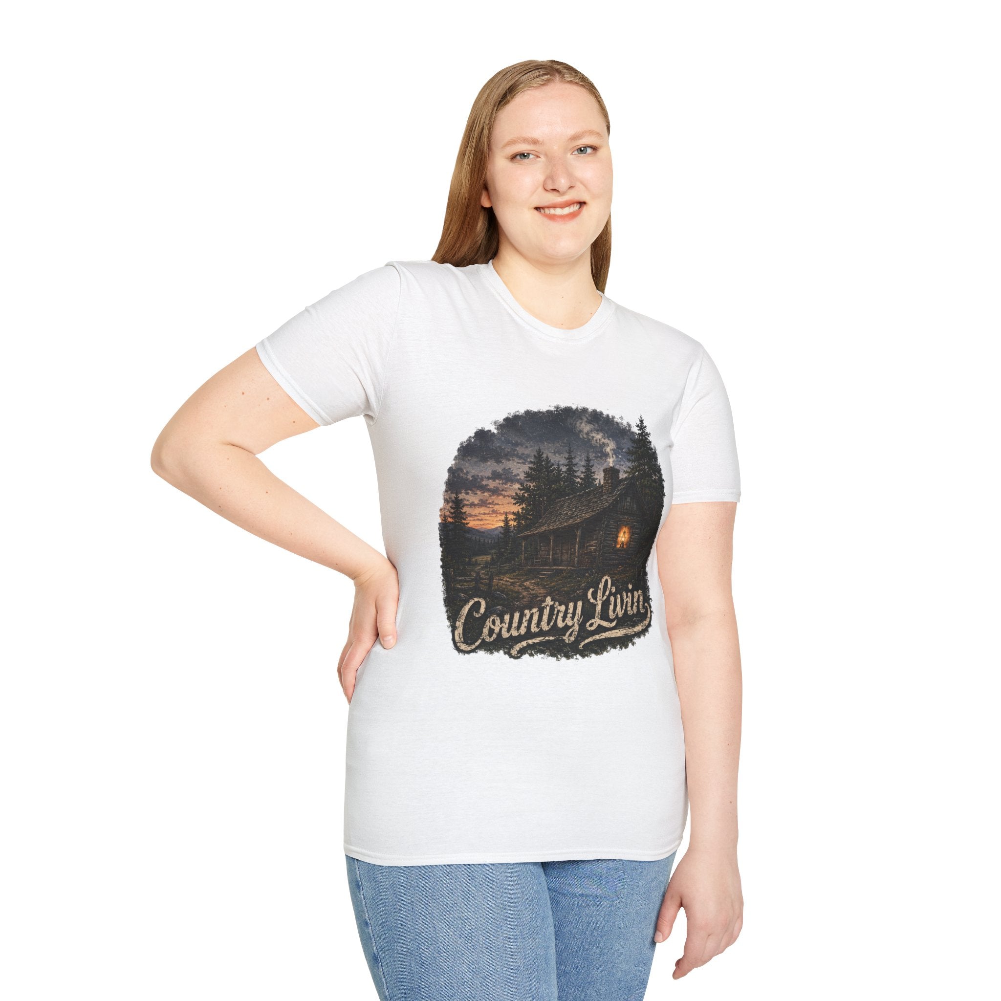 Country Livin' Cabin T‑Shirt — Rustic Sunset Woodlands Graphic Tee