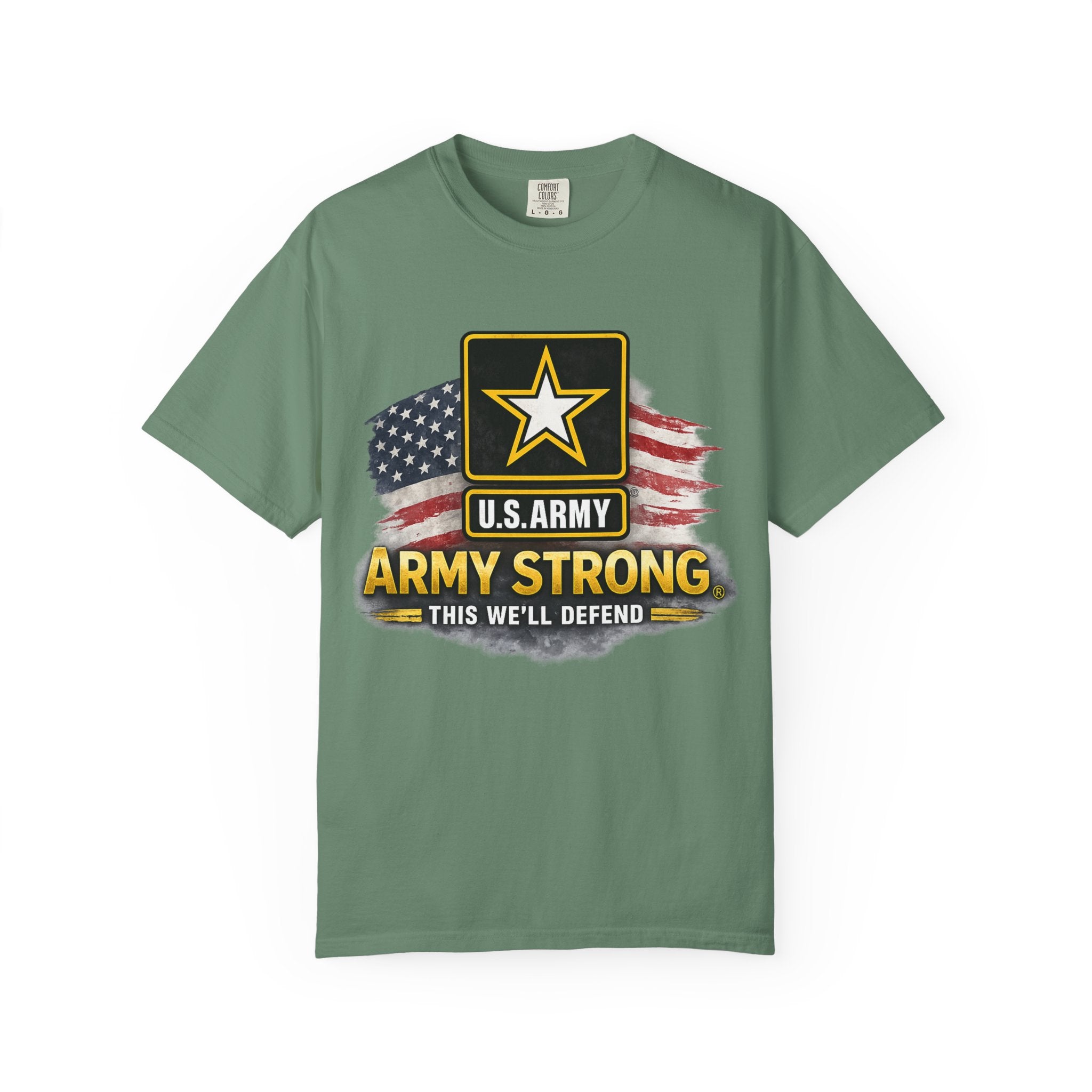 Army Strong T‑Shirt — U.S. Army Logo with American Flag ("This We'll Defend")