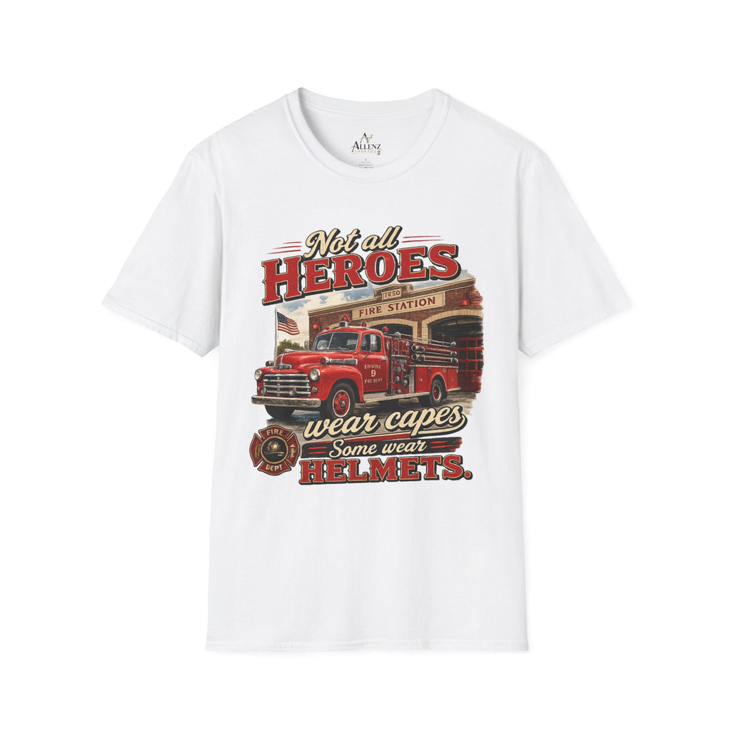 Firefighter T-Shirt — "Not All Heroes Wear Capes, Some Wear Helmets" Vintage Fire Truck Tee