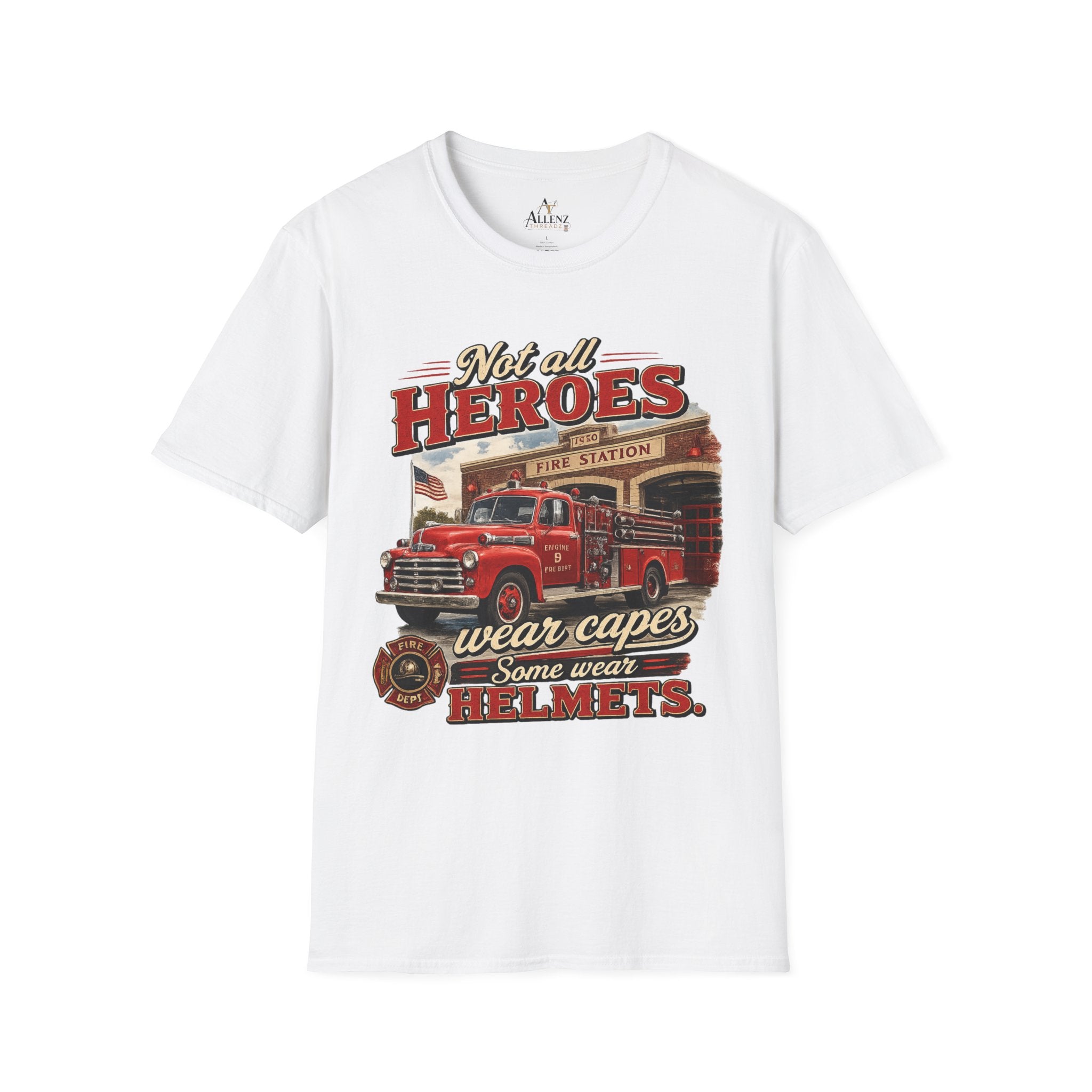 Firefighter T-Shirt — "Not All Heroes Wear Capes, Some Wear Helmets" Vintage Fire Truck Tee