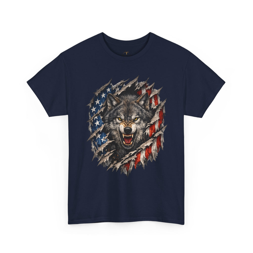 Unisex Heavy Cotton Tee - American flag with wolf face