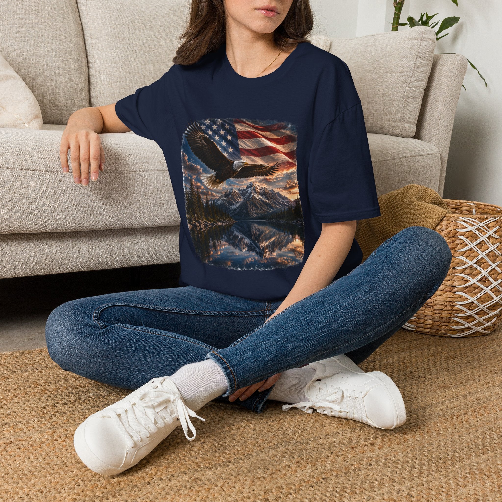American Eagle Flag T-Shirt — Patriotic Bald Eagle & Mountain Scenery Tee