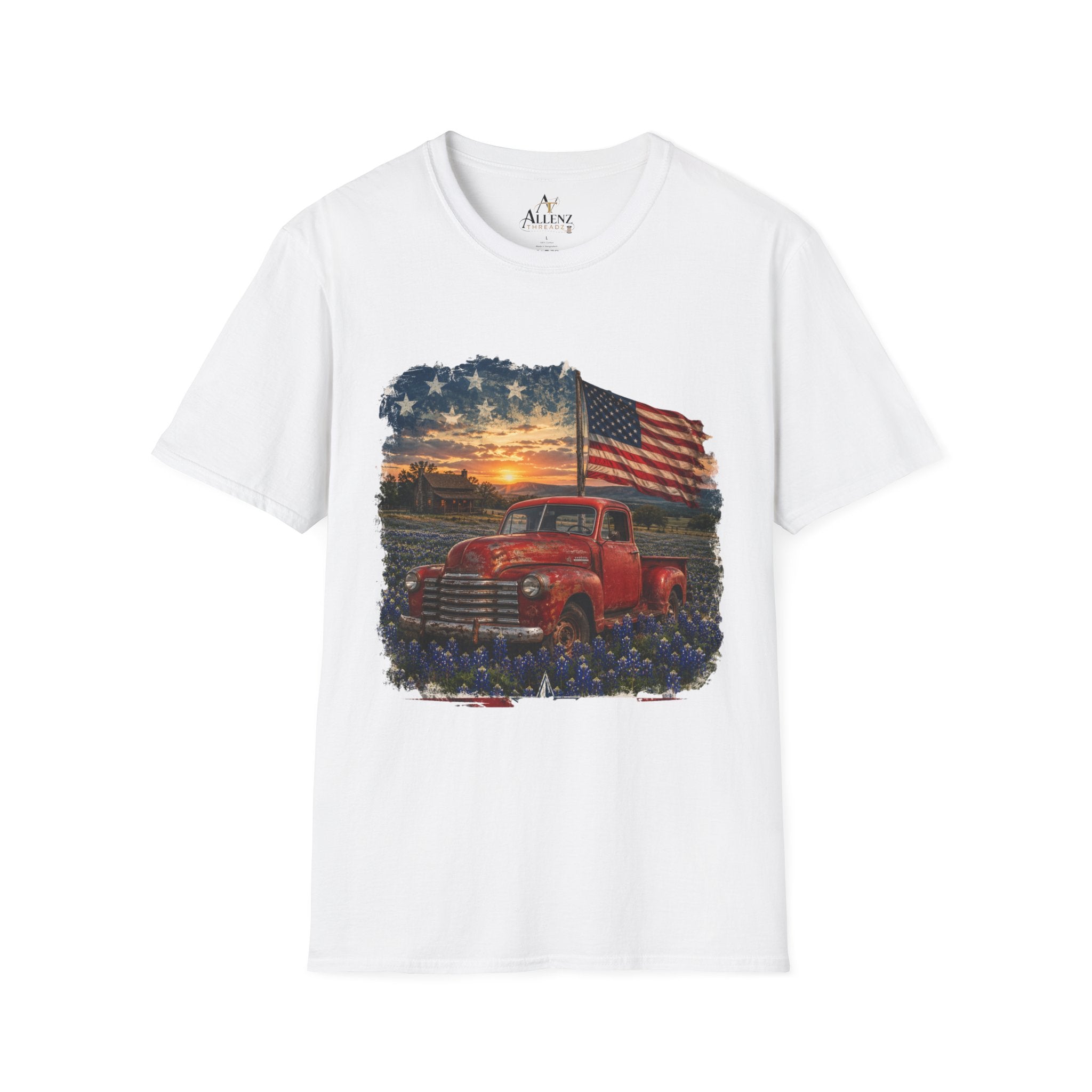 American Vintage Truck T-Shirt — Flag Sunset Patriotic Tee