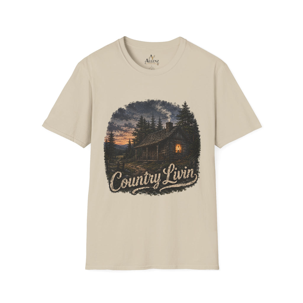 Country Livin' Cabin T‑Shirt — Rustic Sunset Woodlands Graphic Tee