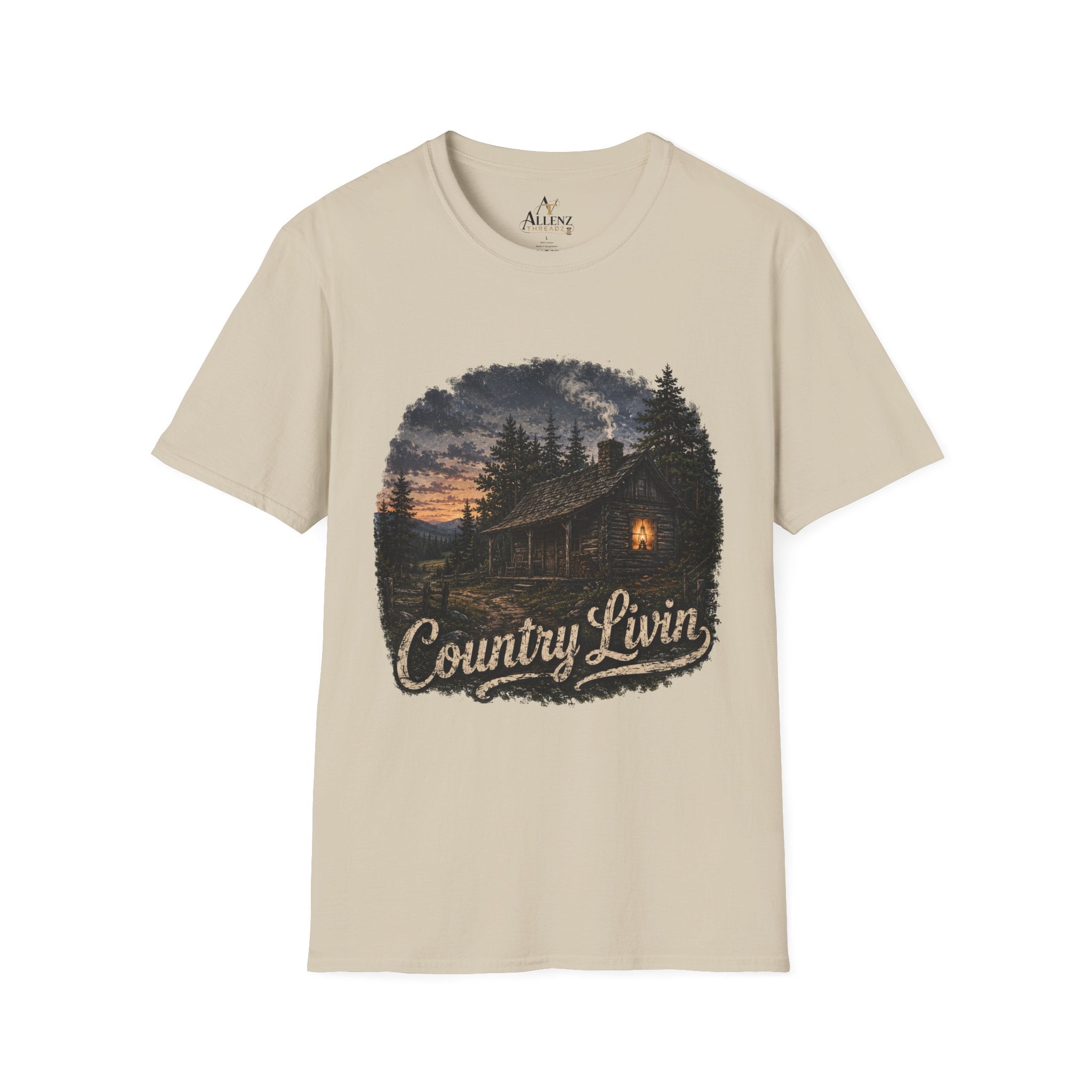 Country Livin' Cabin T‑Shirt — Rustic Sunset Woodlands Graphic Tee