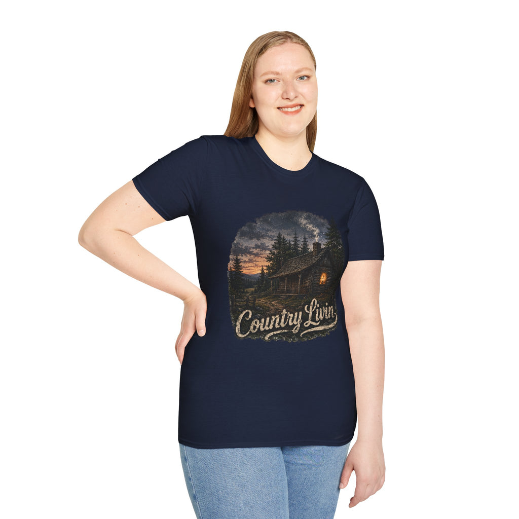 Country Livin' Cabin T‑Shirt — Rustic Sunset Woodlands Graphic Tee