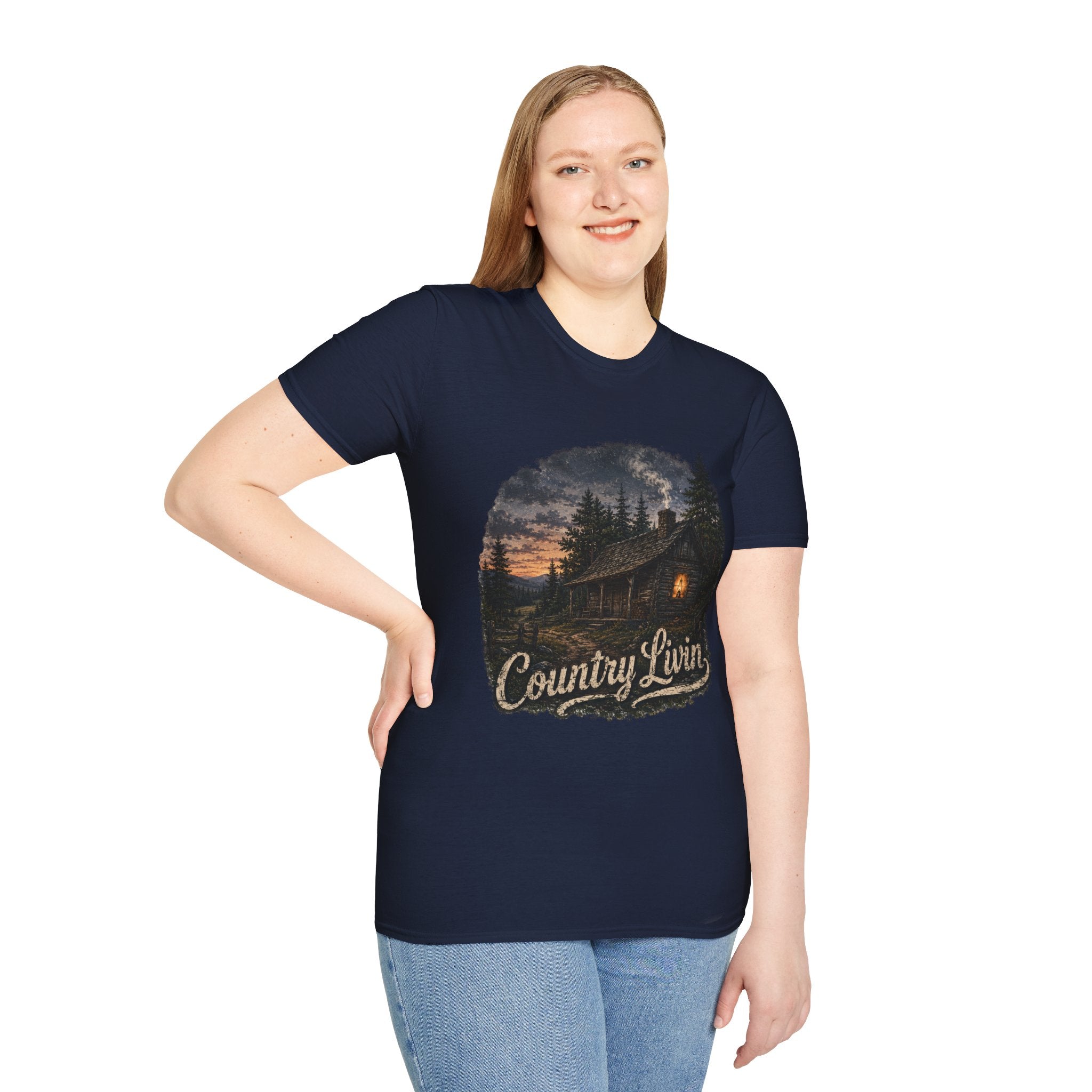 Country Livin' Cabin T‑Shirt — Rustic Sunset Woodlands Graphic Tee