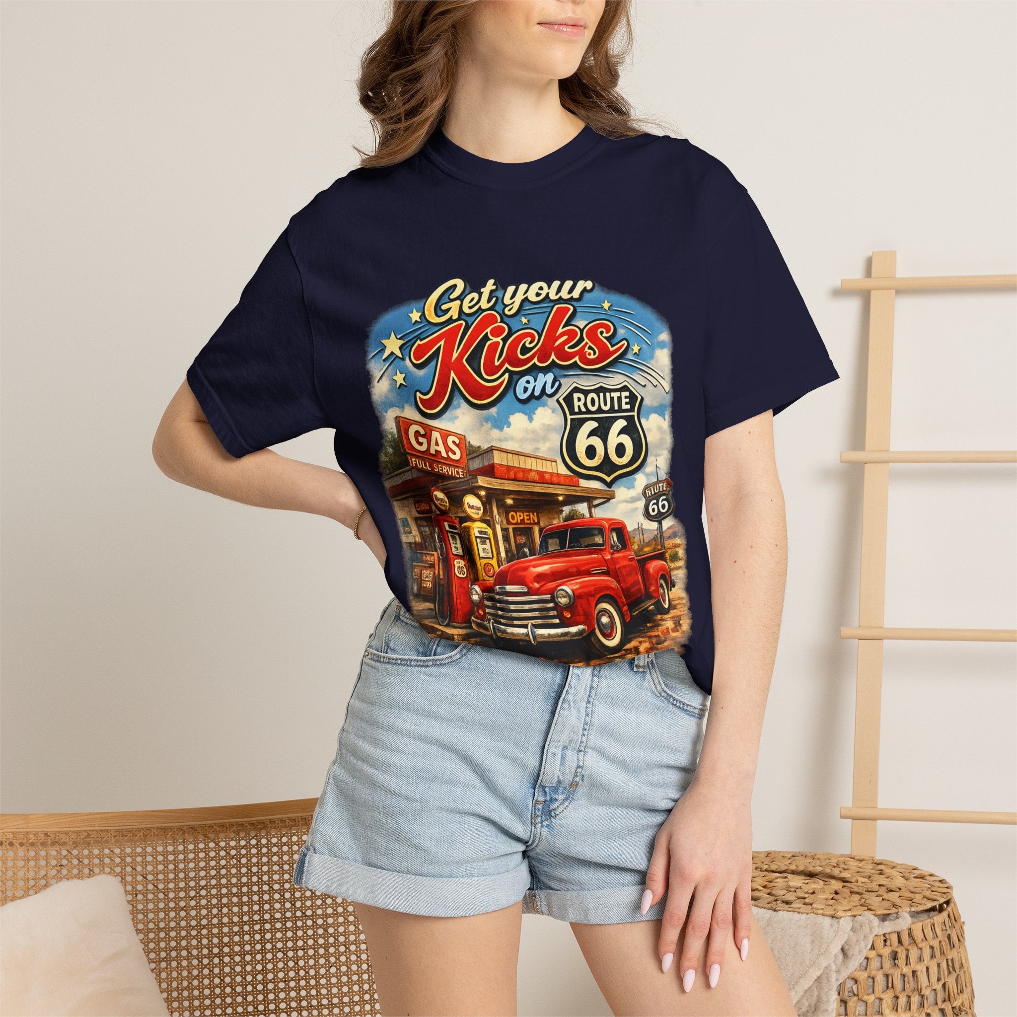 Route 66 Retro T-Shirt — "Get Your Kicks on Route 66" Vintage Gas Station Tee