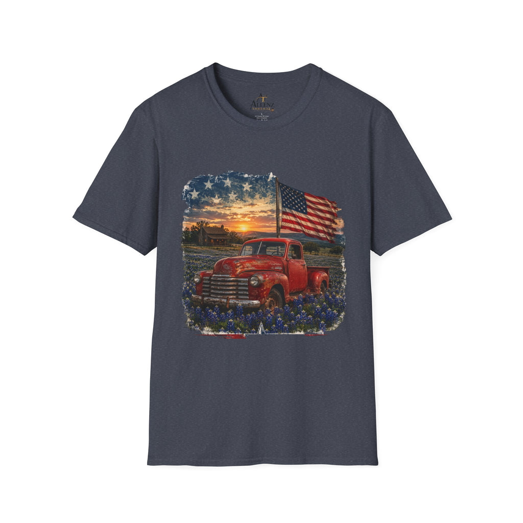 American Vintage Truck T-Shirt — Flag Sunset Patriotic Tee