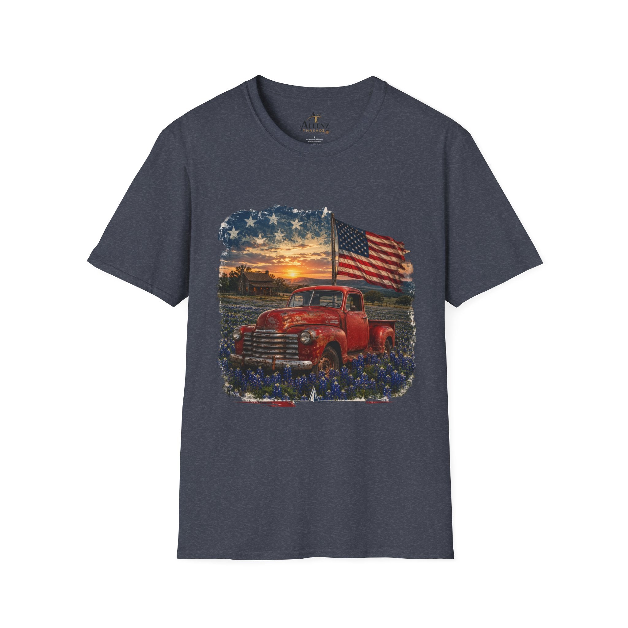 American Vintage Truck T-Shirt — Flag Sunset Patriotic Tee