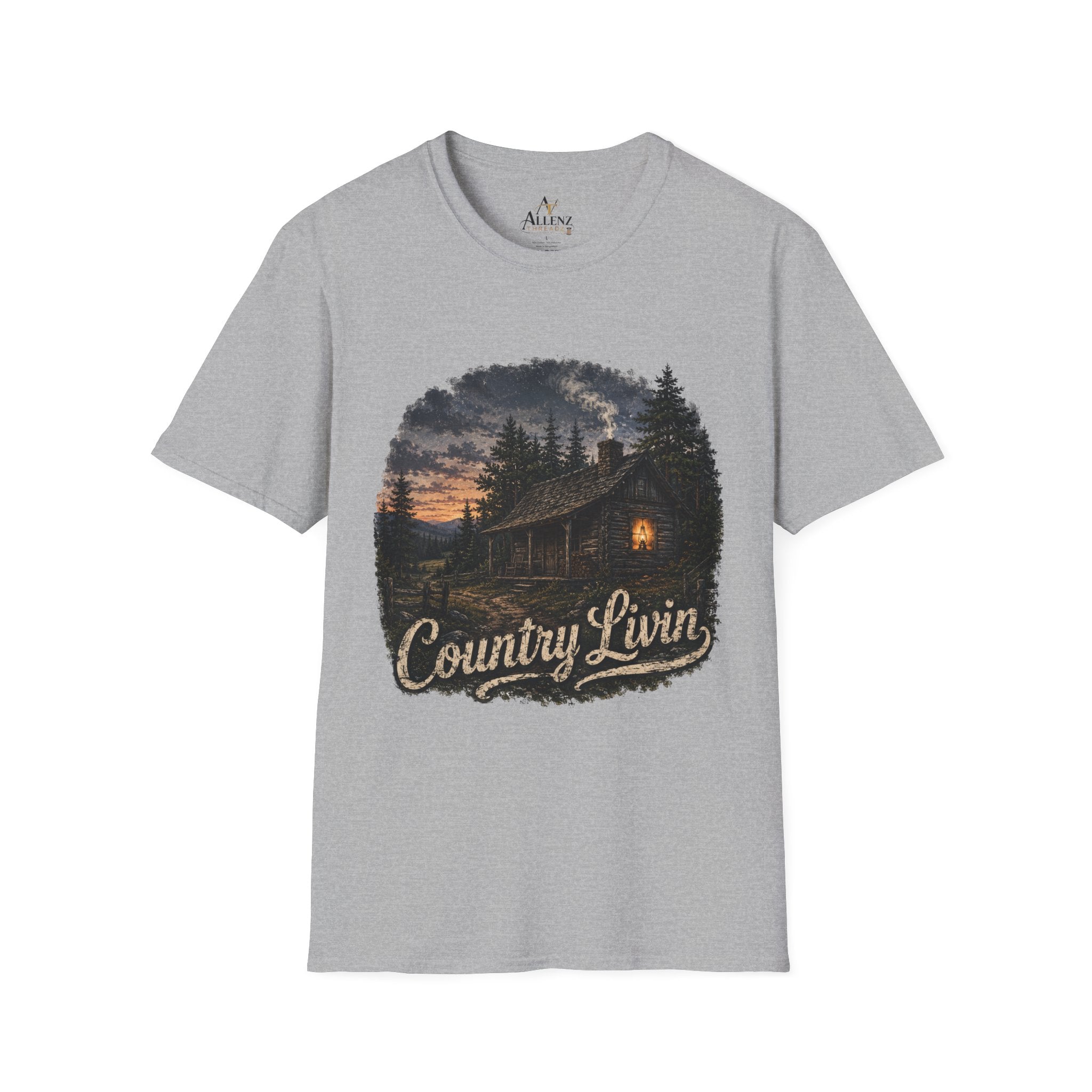 Country Livin' Cabin T‑Shirt — Rustic Sunset Woodlands Graphic Tee