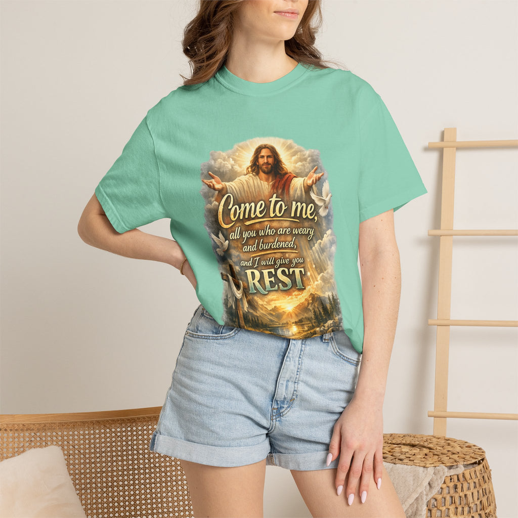 Come to Me Christian T-Shirt — "Come to me... and I will give you REST" Religious Faith Tee