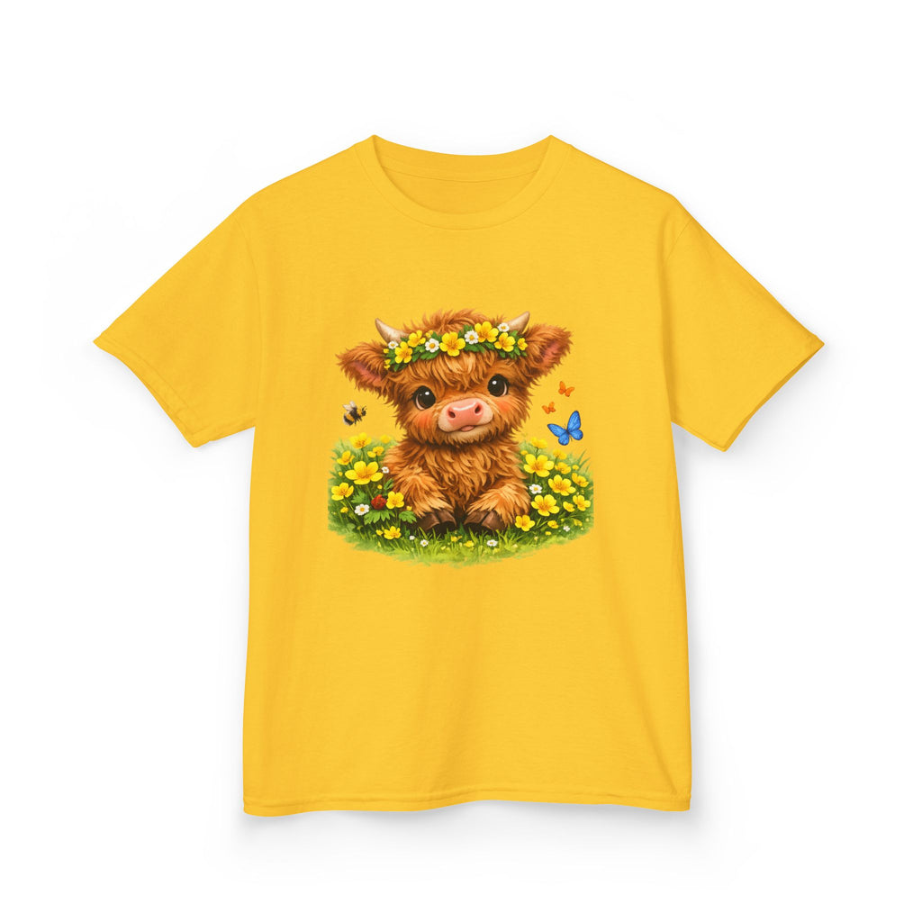 Cute Highland Calf Kids T‑Shirt — Floral Crown, Butterflies & Sunshine Tee