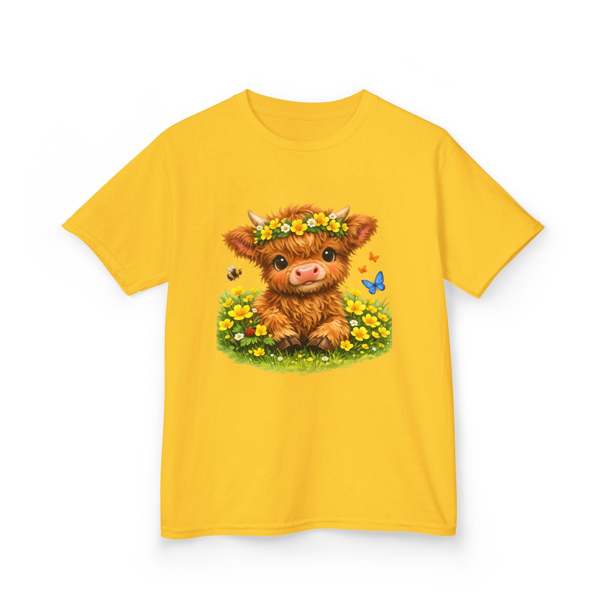 Cute Highland Calf Kids T‑Shirt — Floral Crown, Butterflies & Sunshine Tee