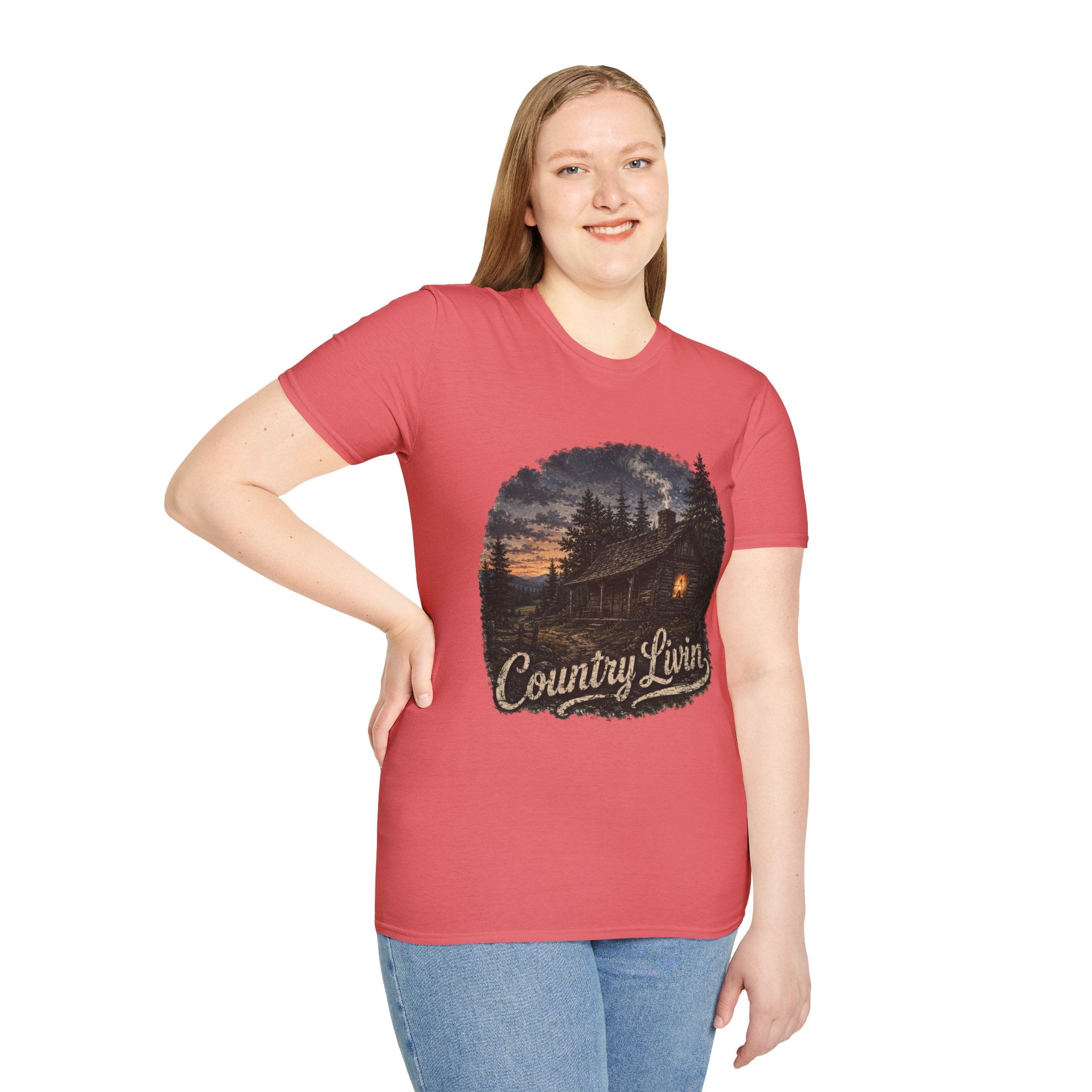Country Livin' Cabin T‑Shirt — Rustic Sunset Woodlands Graphic Tee