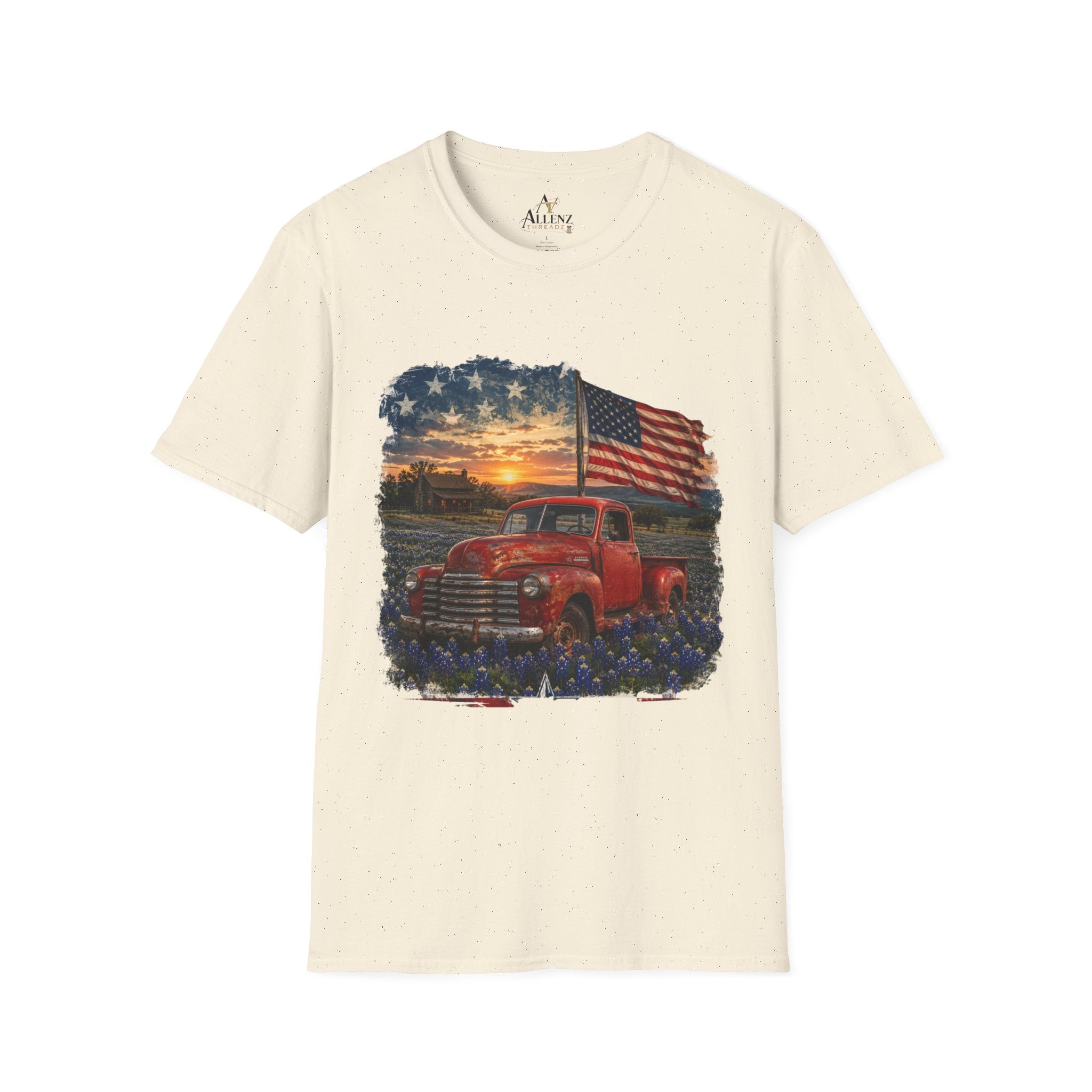 American Vintage Truck T-Shirt — Flag Sunset Patriotic Tee