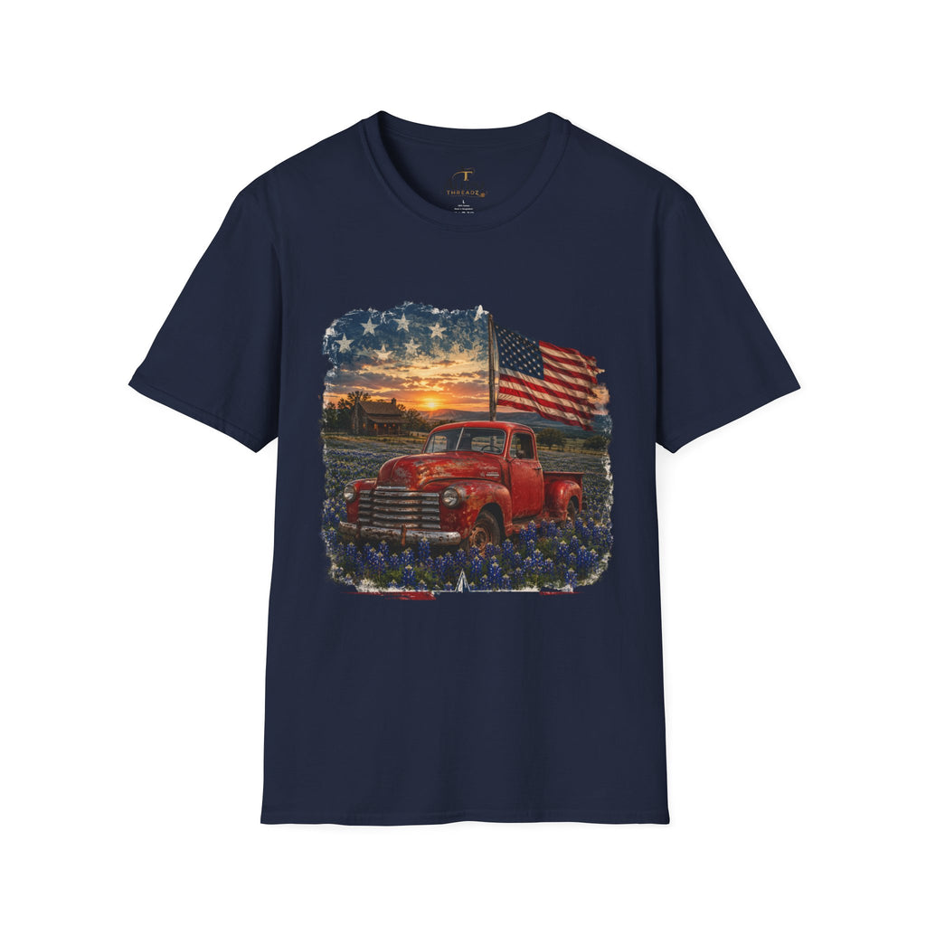 American Vintage Truck T-Shirt — Flag Sunset Patriotic Tee