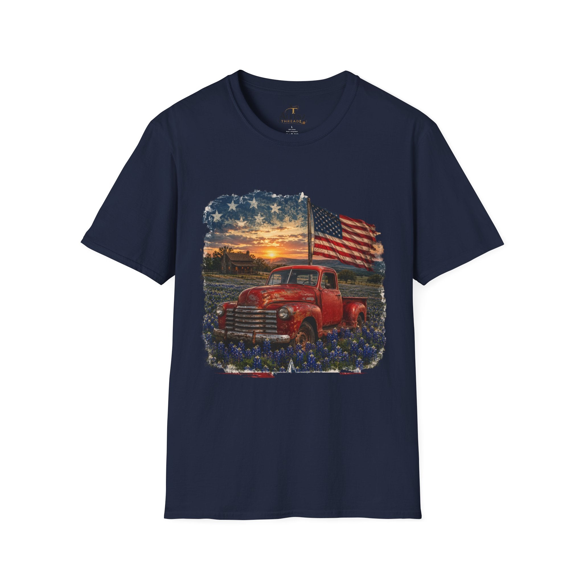 American Vintage Truck T-Shirt — Flag Sunset Patriotic Tee