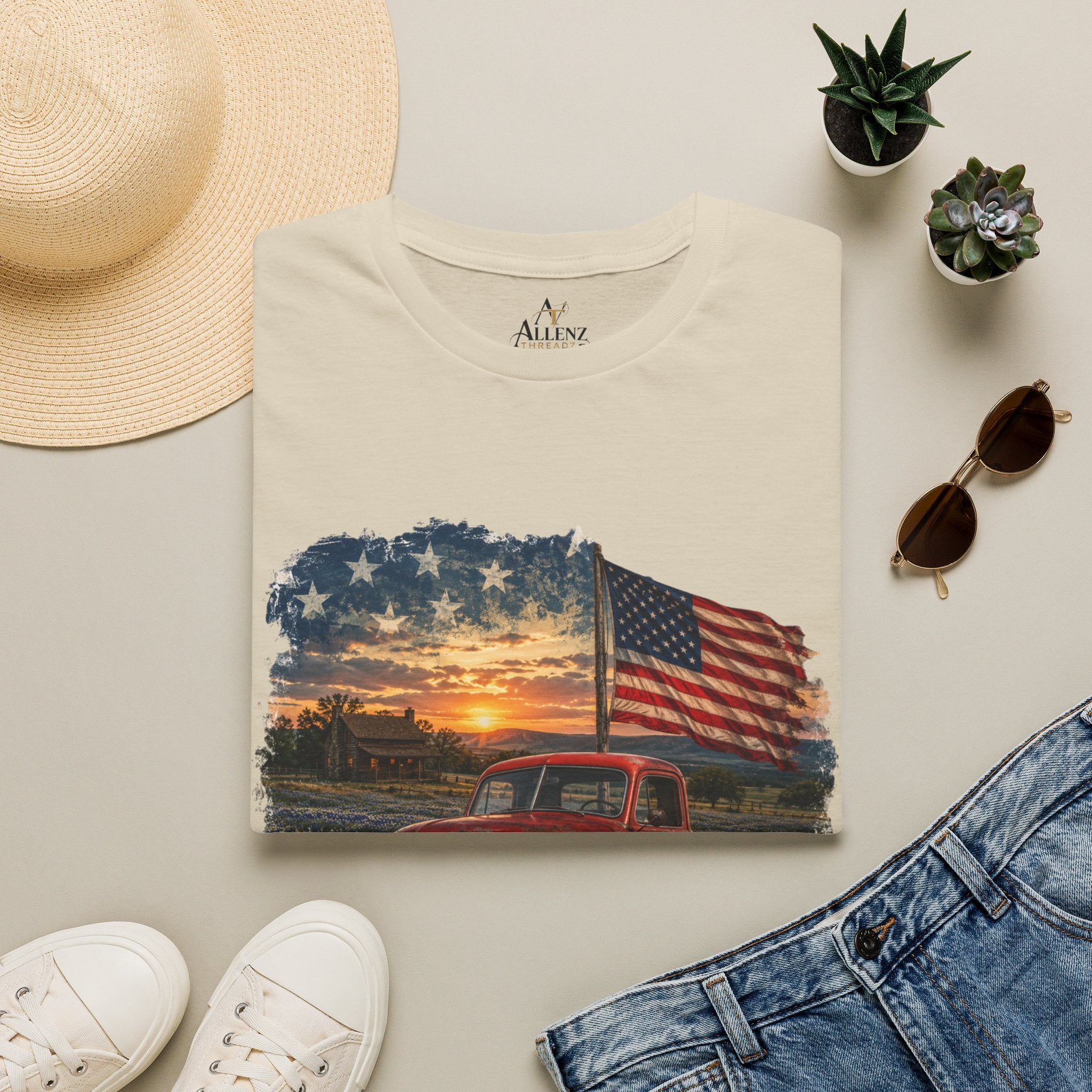 American Vintage Truck T-Shirt — Flag Sunset Patriotic Tee