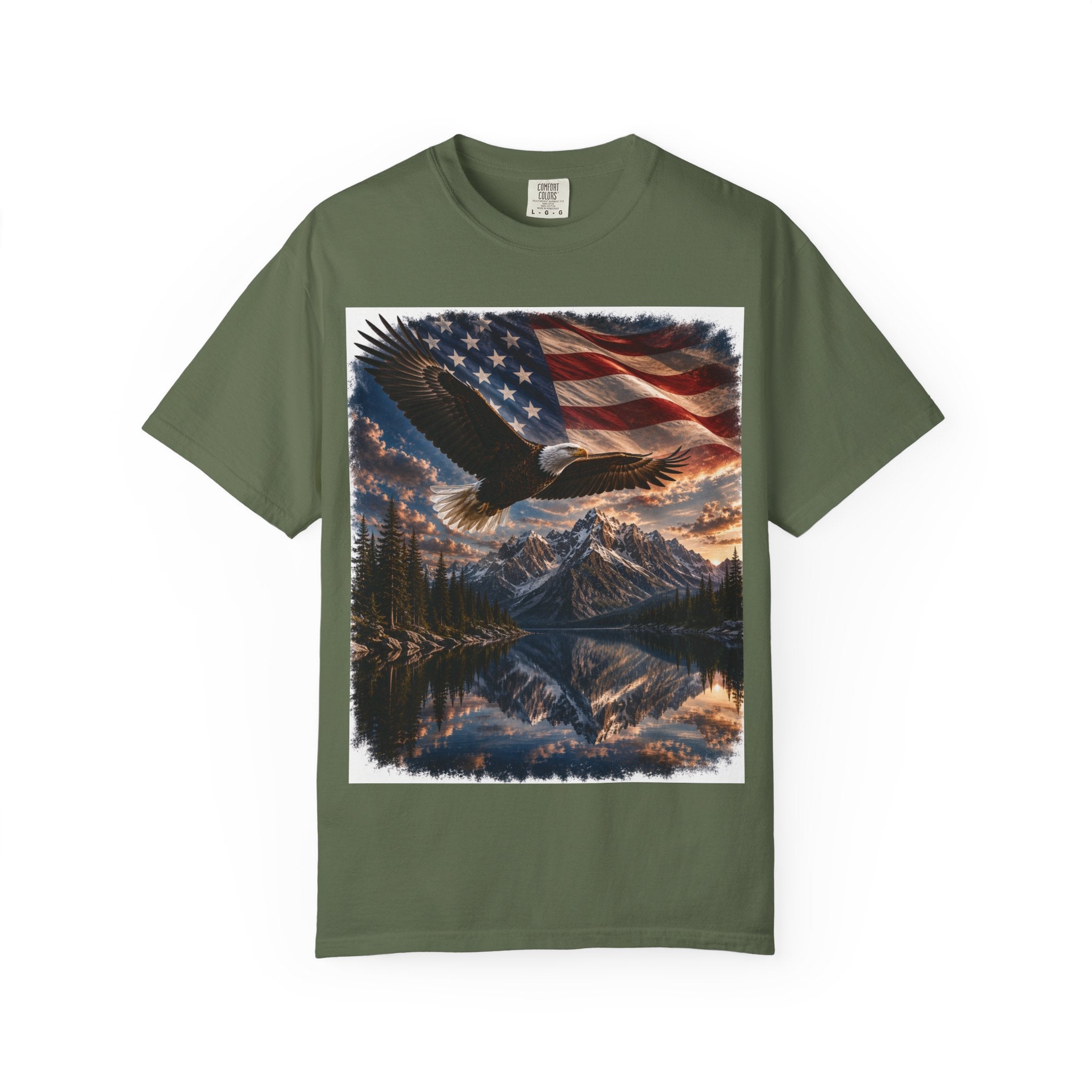 Bald Eagle Over Mountain Lake American Flag T-shirt | Patriotic Nature Scene