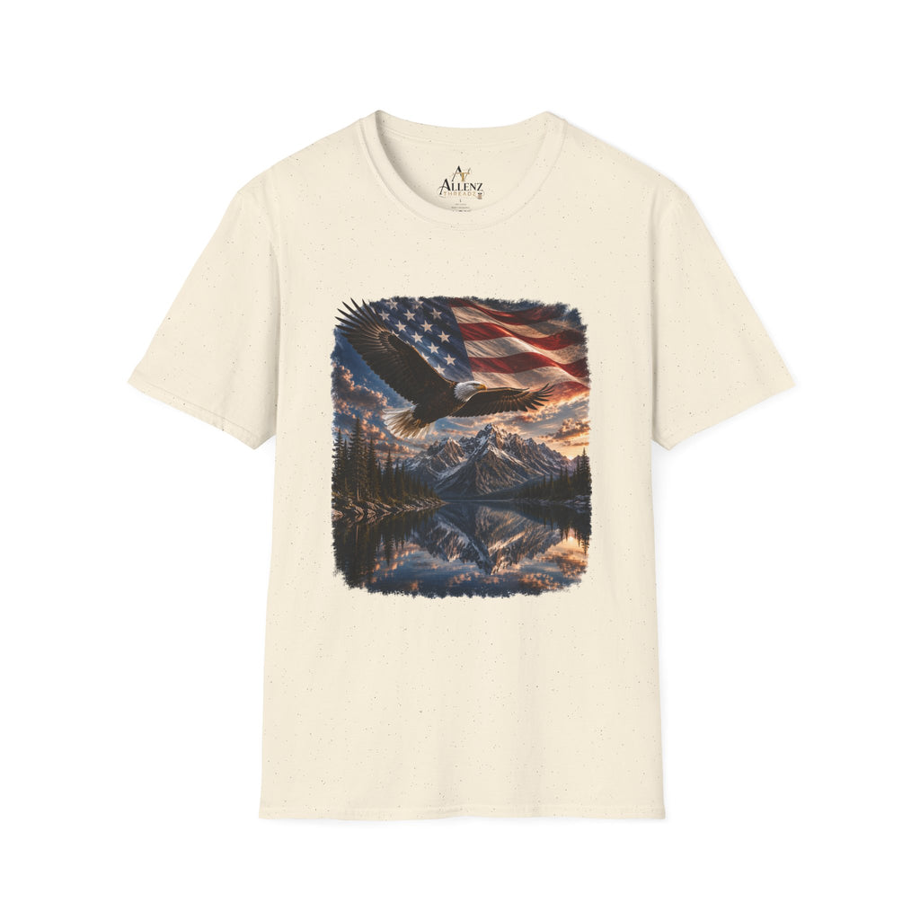 American Eagle Flag T-Shirt — Patriotic Bald Eagle & Mountain Scenery Tee