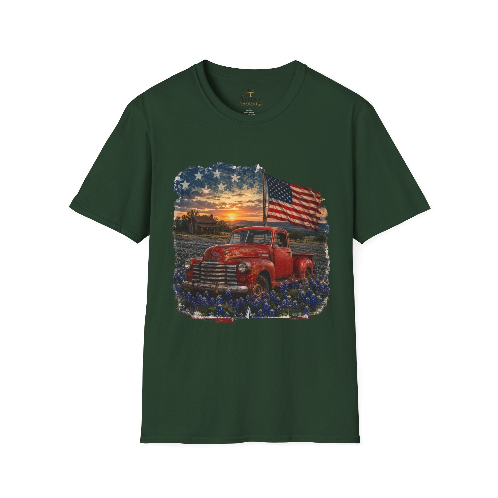 American Vintage Truck T-Shirt — Flag Sunset Patriotic Tee