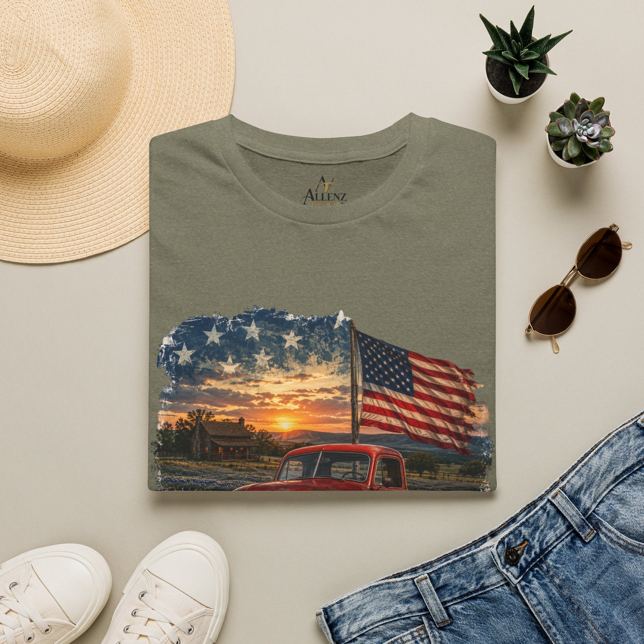 American Vintage Truck T-Shirt — Flag Sunset Patriotic Tee