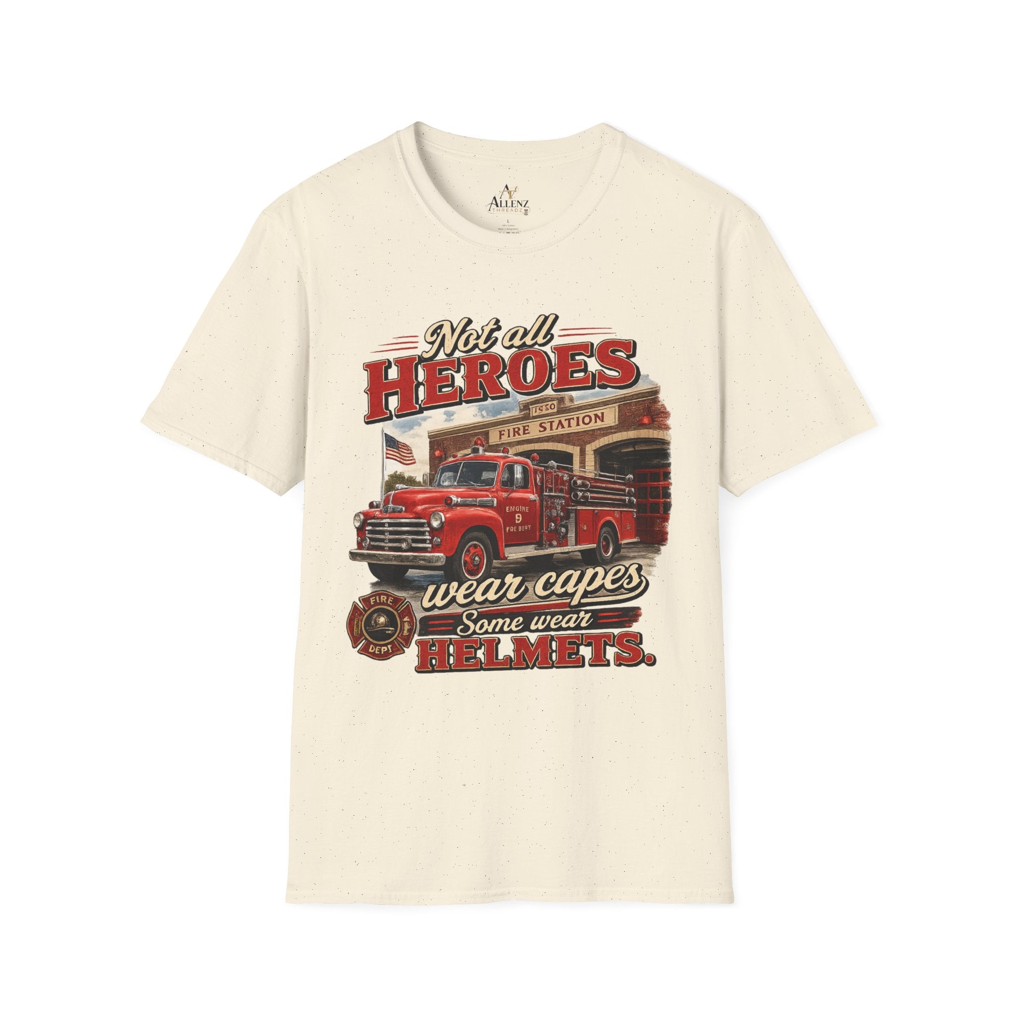 Firefighter T-Shirt — "Not All Heroes Wear Capes, Some Wear Helmets" Vintage Fire Truck Tee
