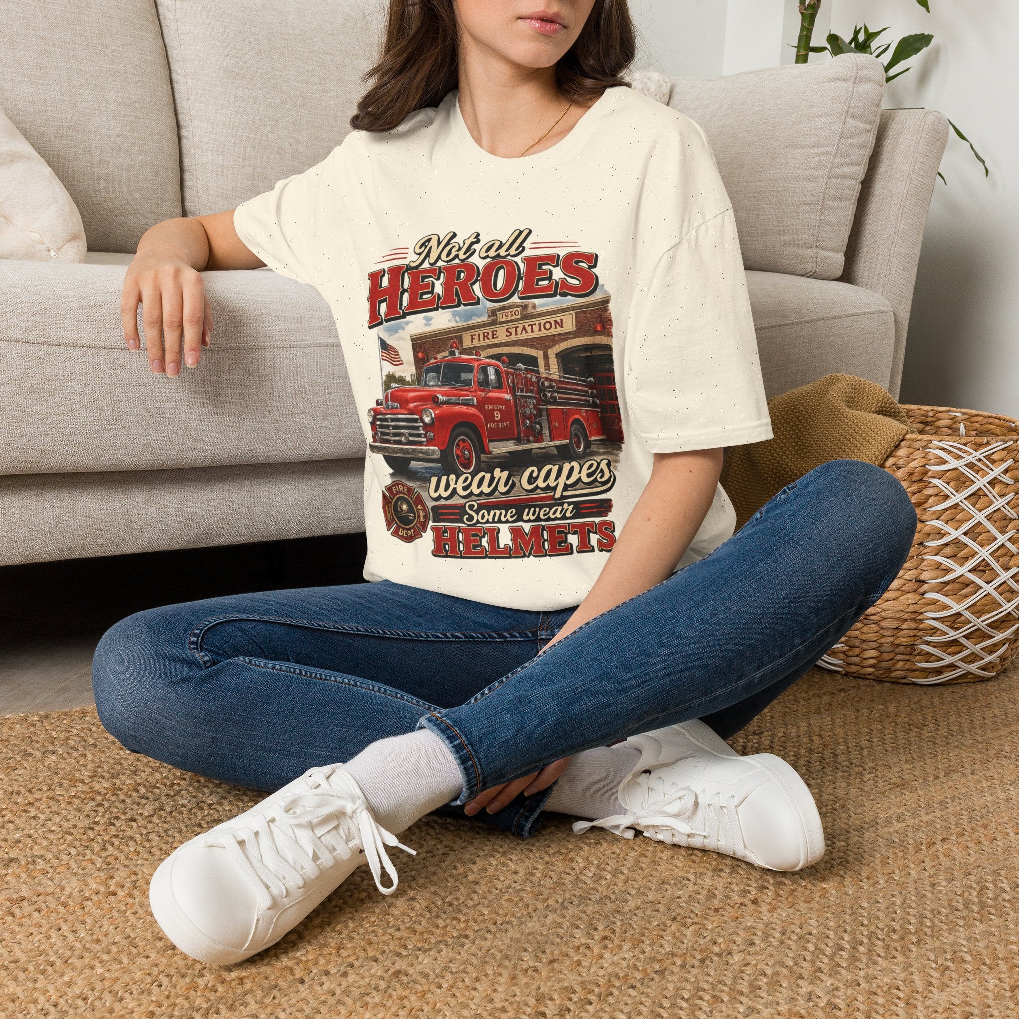 Firefighter T-Shirt — "Not All Heroes Wear Capes, Some Wear Helmets" Vintage Fire Truck Tee
