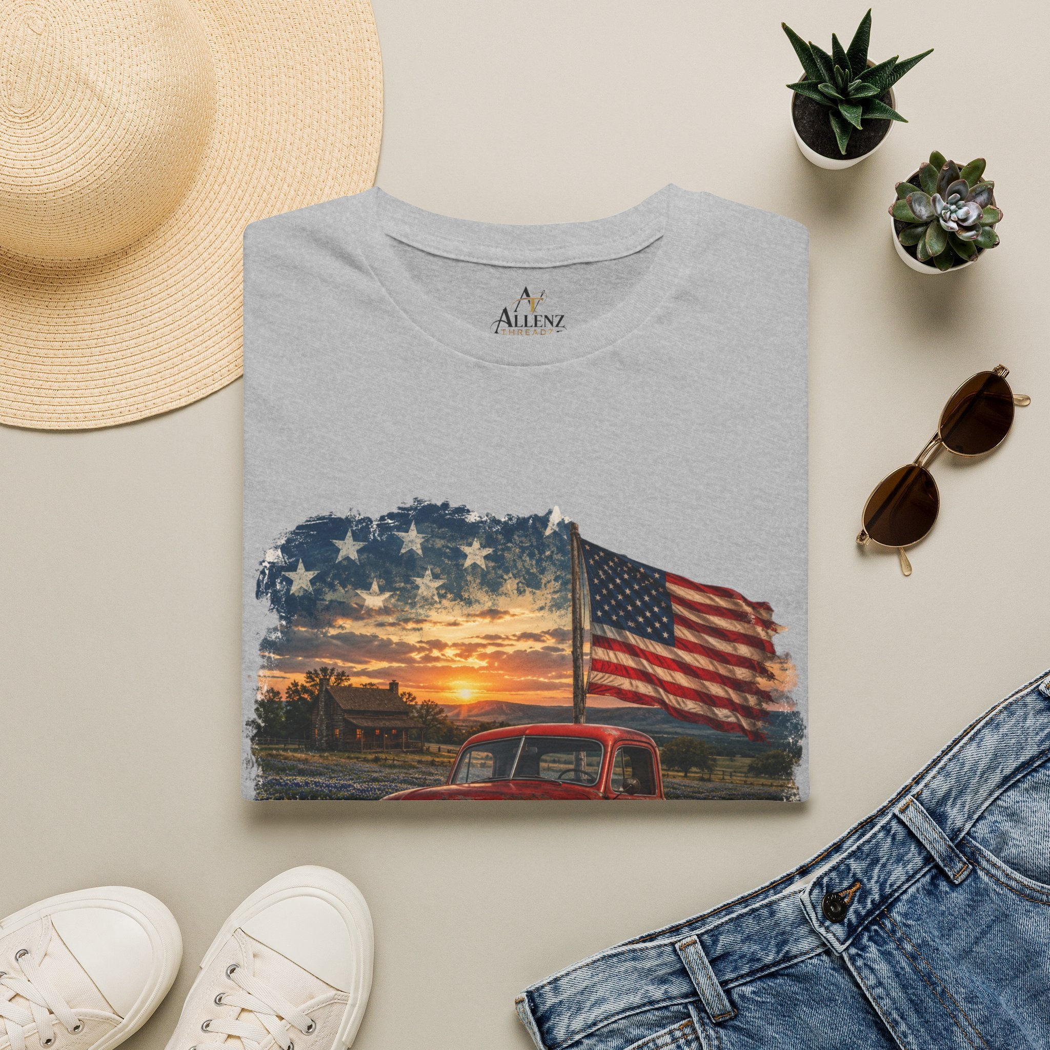 American Vintage Truck T-Shirt — Flag Sunset Patriotic Tee
