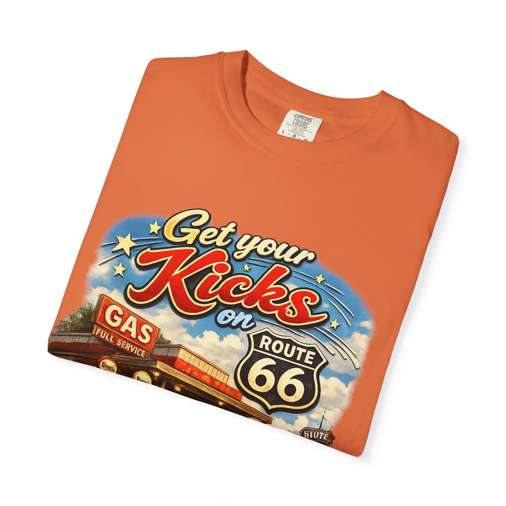 Route 66 Retro T-Shirt — "Get Your Kicks on Route 66" Vintage Gas Station Tee