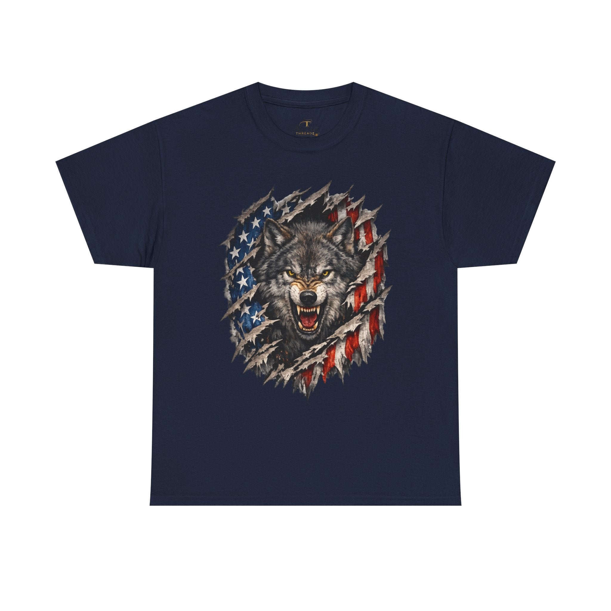 Unisex Heavy Cotton Tee - American flag with wolf face