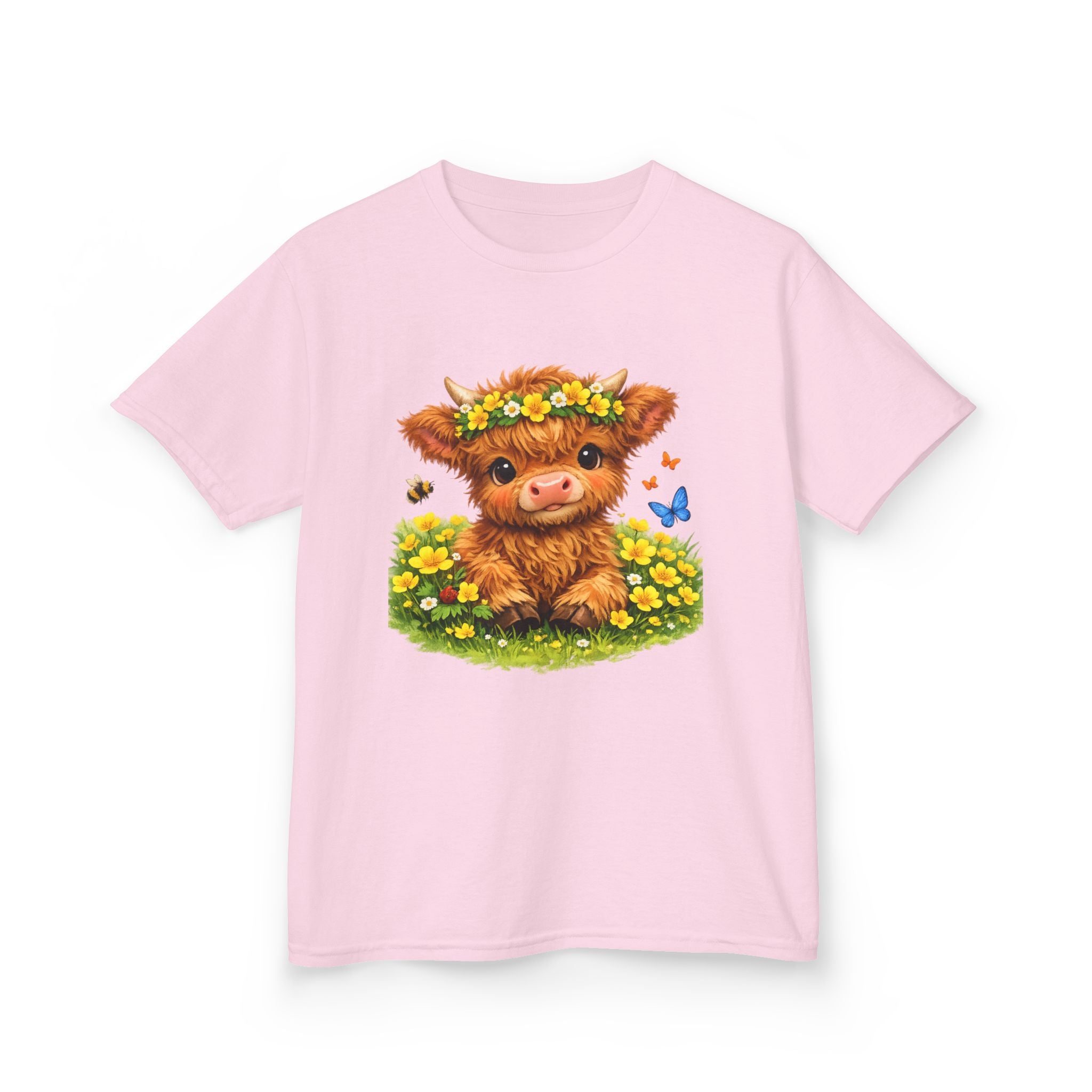 Cute Highland Calf Kids T‑Shirt — Floral Crown, Butterflies & Sunshine Tee