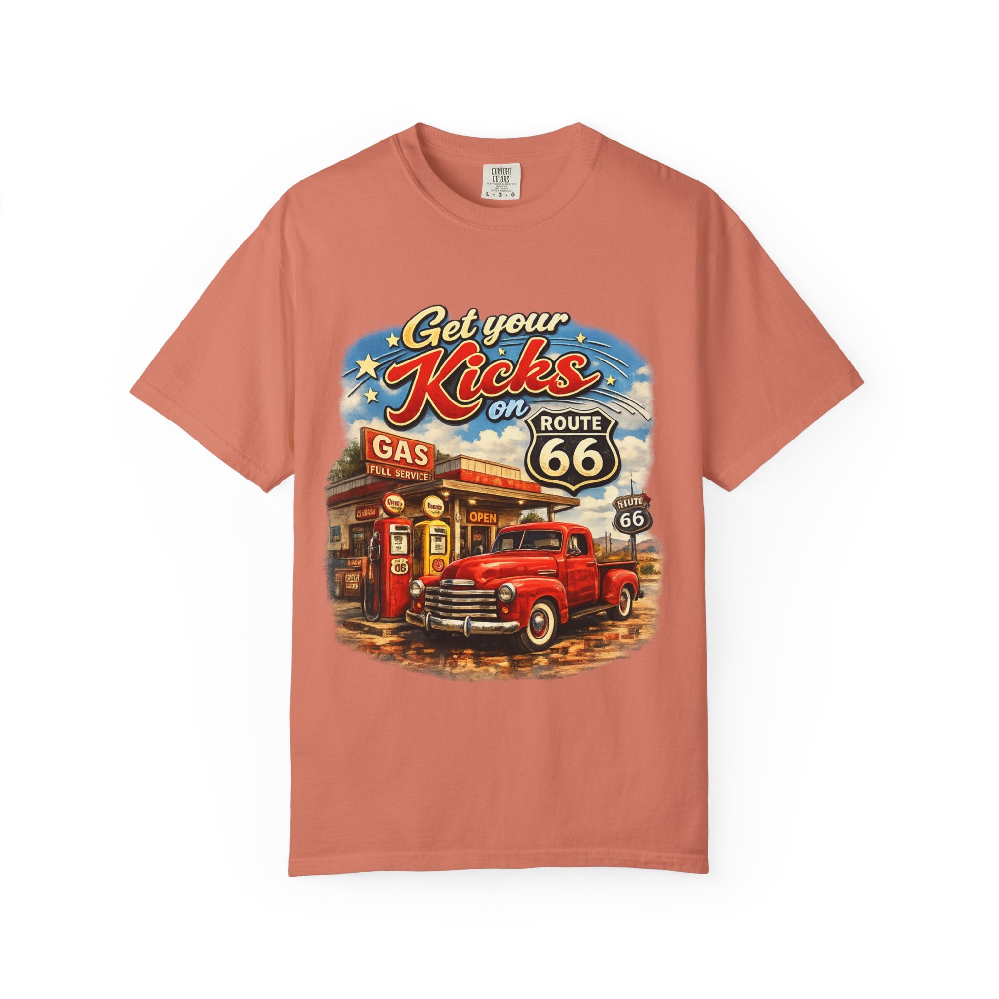 Route 66 Retro T-Shirt — "Get Your Kicks on Route 66" Vintage Gas Station Tee