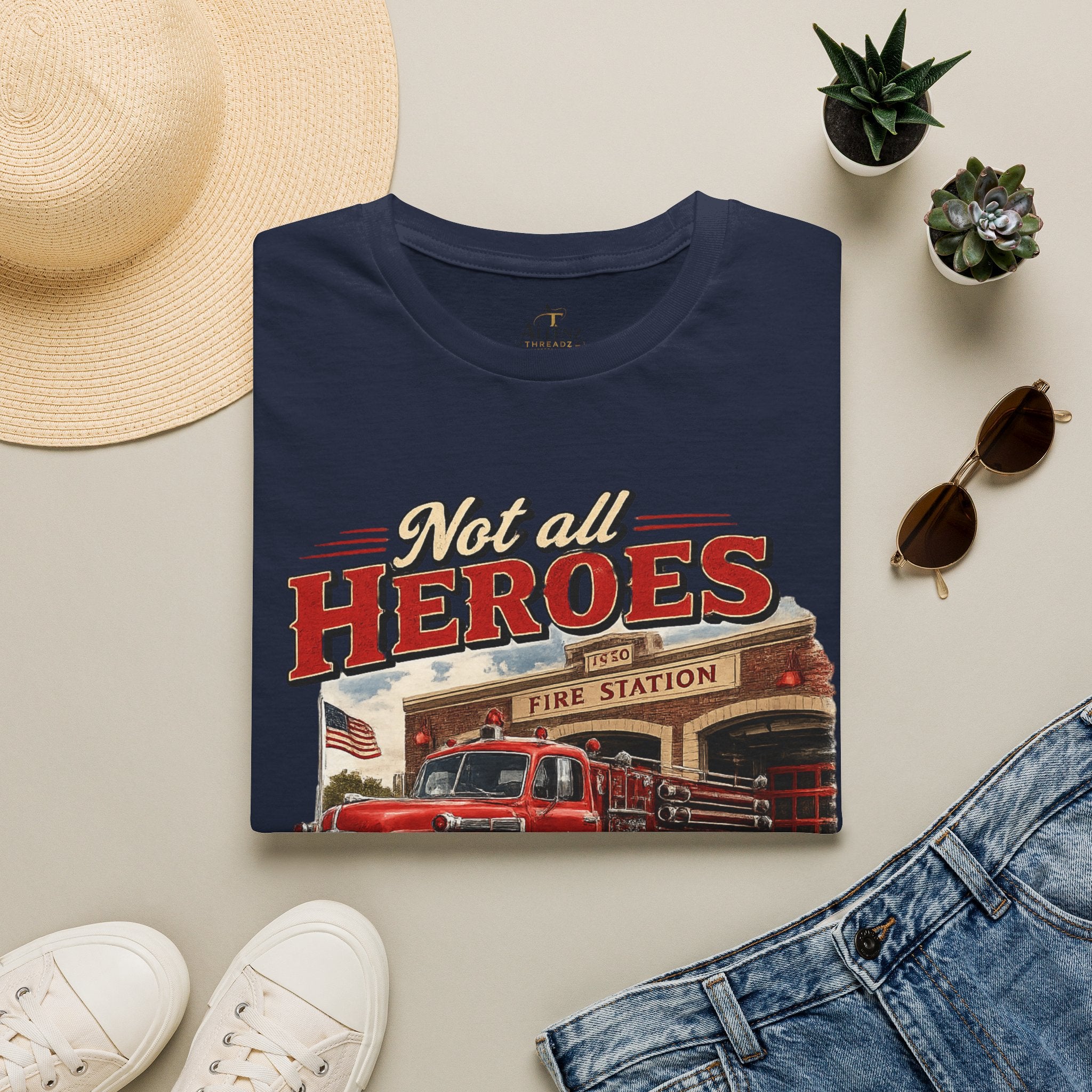Firefighter T-Shirt — "Not All Heroes Wear Capes, Some Wear Helmets" Vintage Fire Truck Tee