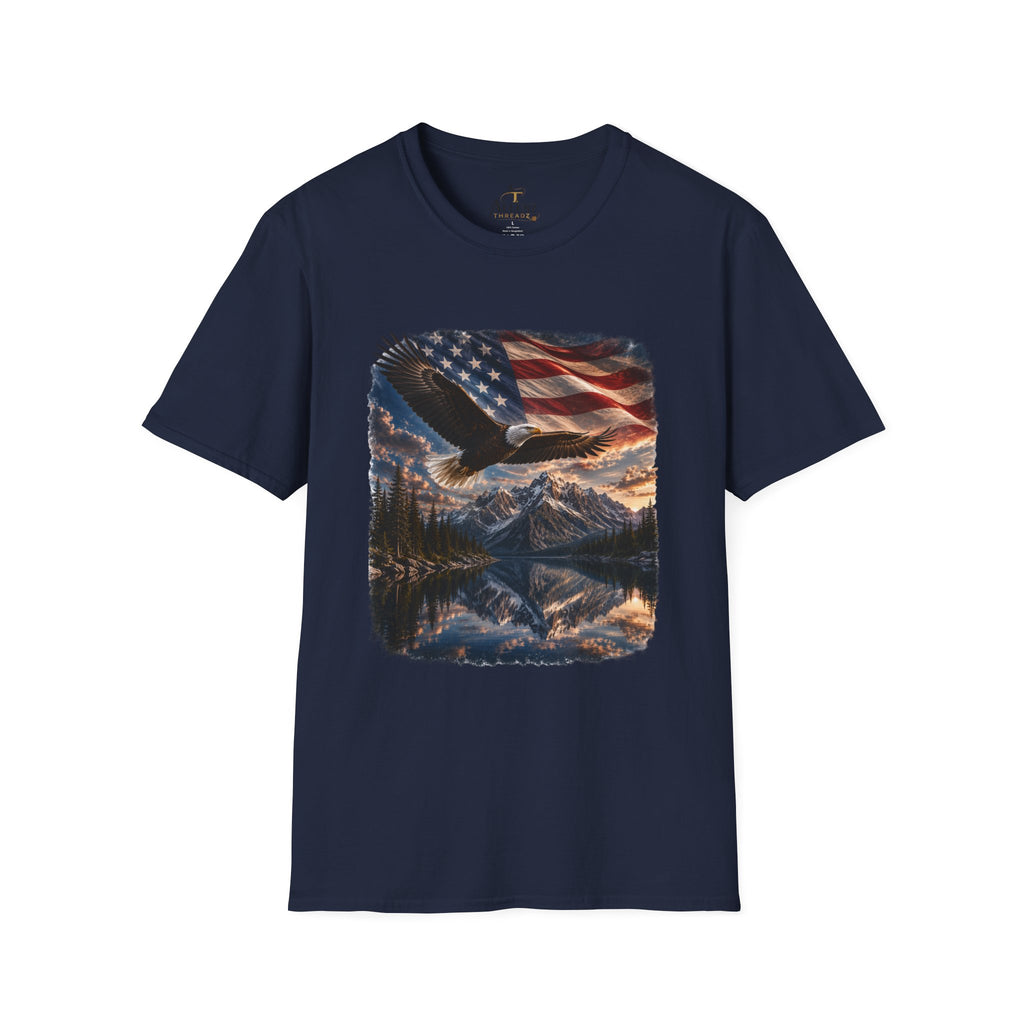 American Eagle Flag T-Shirt — Patriotic Bald Eagle & Mountain Scenery Tee
