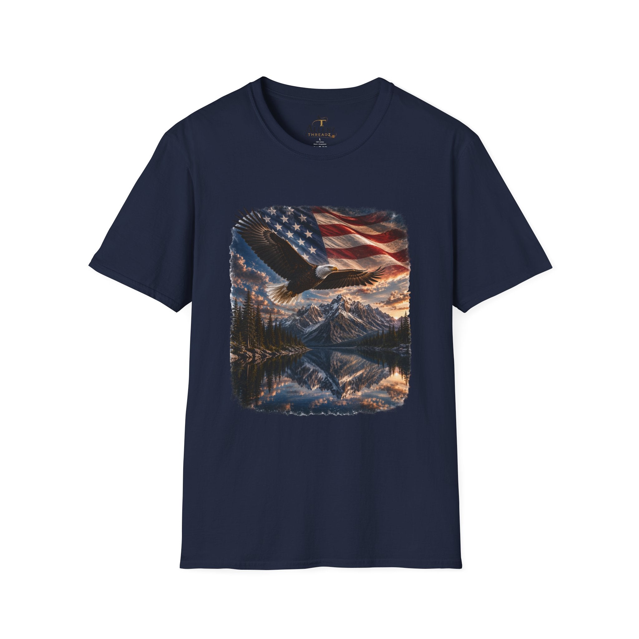 American Eagle Flag T-Shirt — Patriotic Bald Eagle & Mountain Scenery Tee