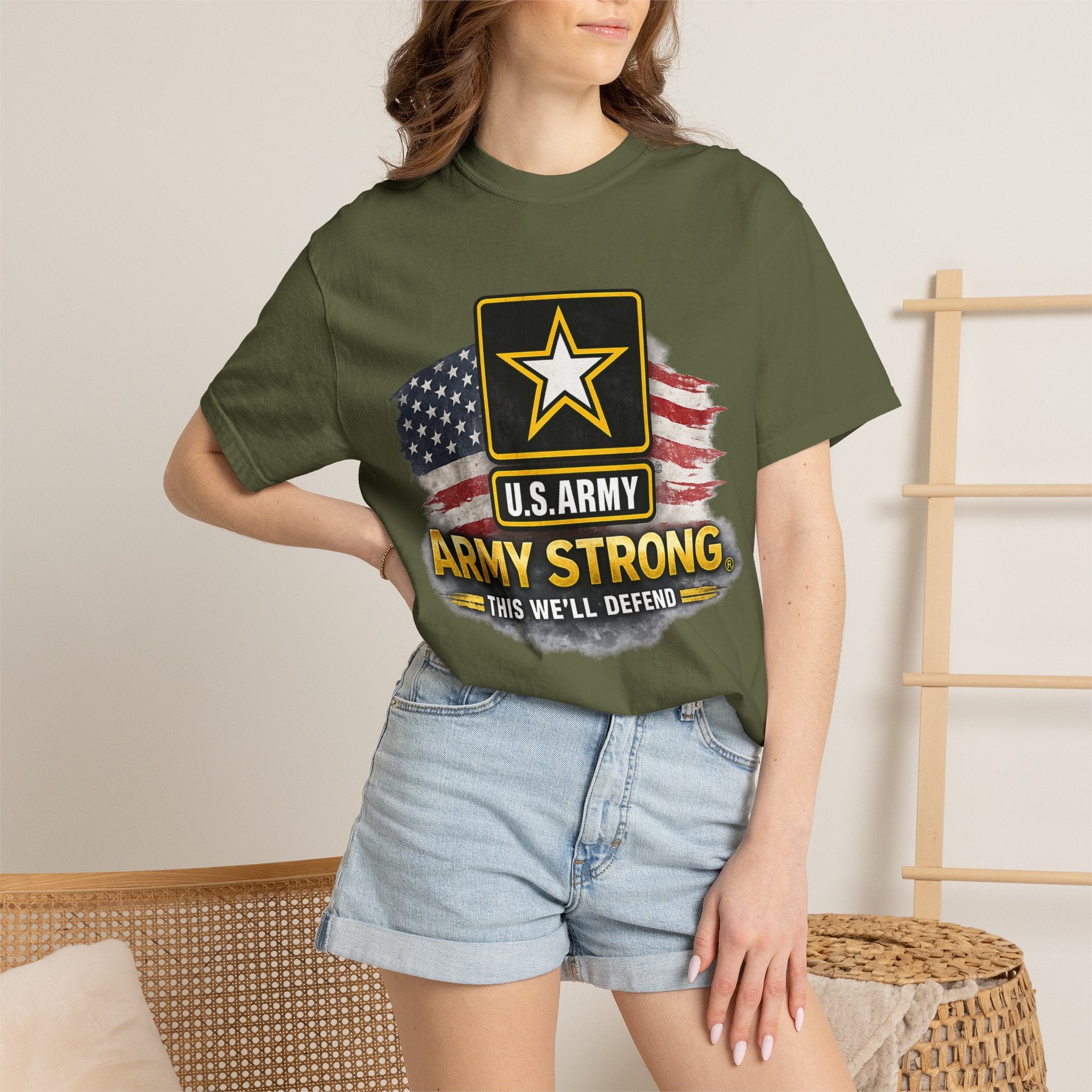 Army Strong T‑Shirt — U.S. Army Logo with American Flag ("This We'll Defend")