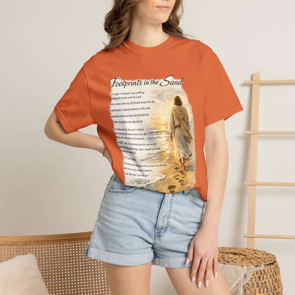 Footprints in the Sand Christian T-Shirt – Inspirational Jesus Poem Tee