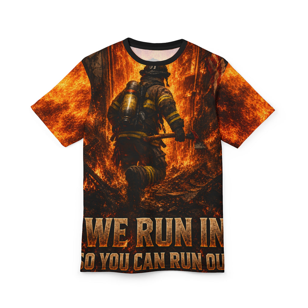 We Run In Firefighter Unisex Cut and Sew Tee (AOP)