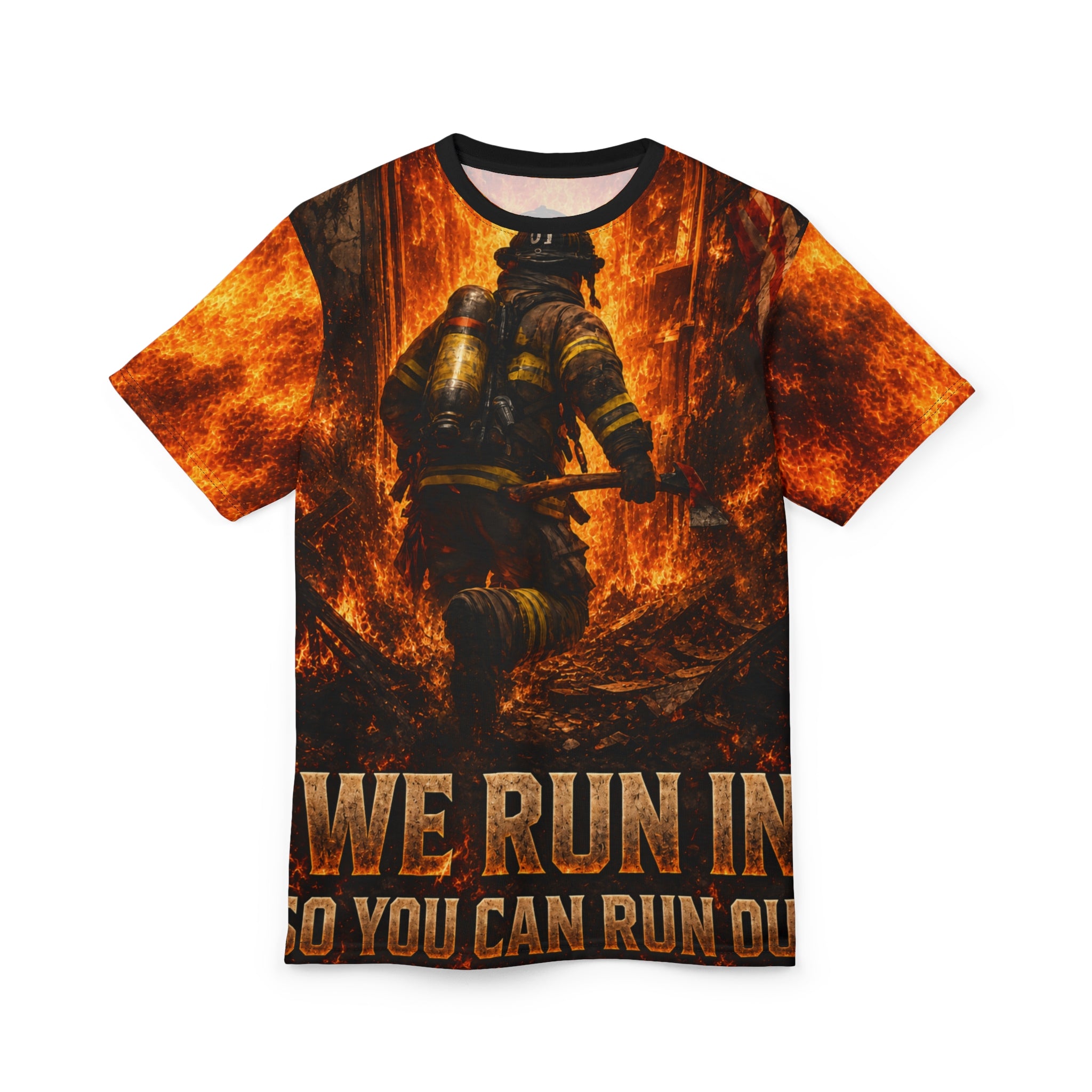 We Run In Firefighter Unisex Cut and Sew Tee (AOP)