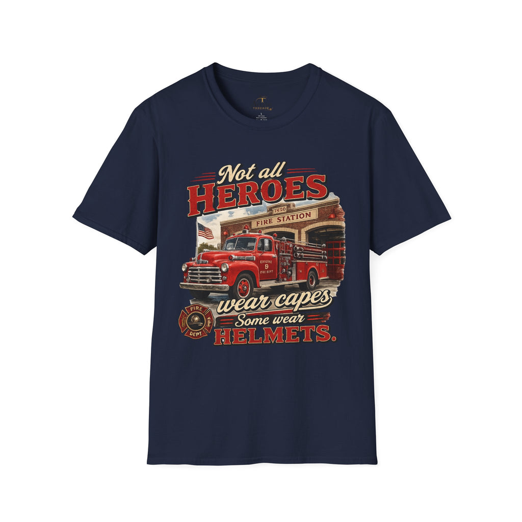 Firefighter T-Shirt — "Not All Heroes Wear Capes, Some Wear Helmets" Vintage Fire Truck Tee