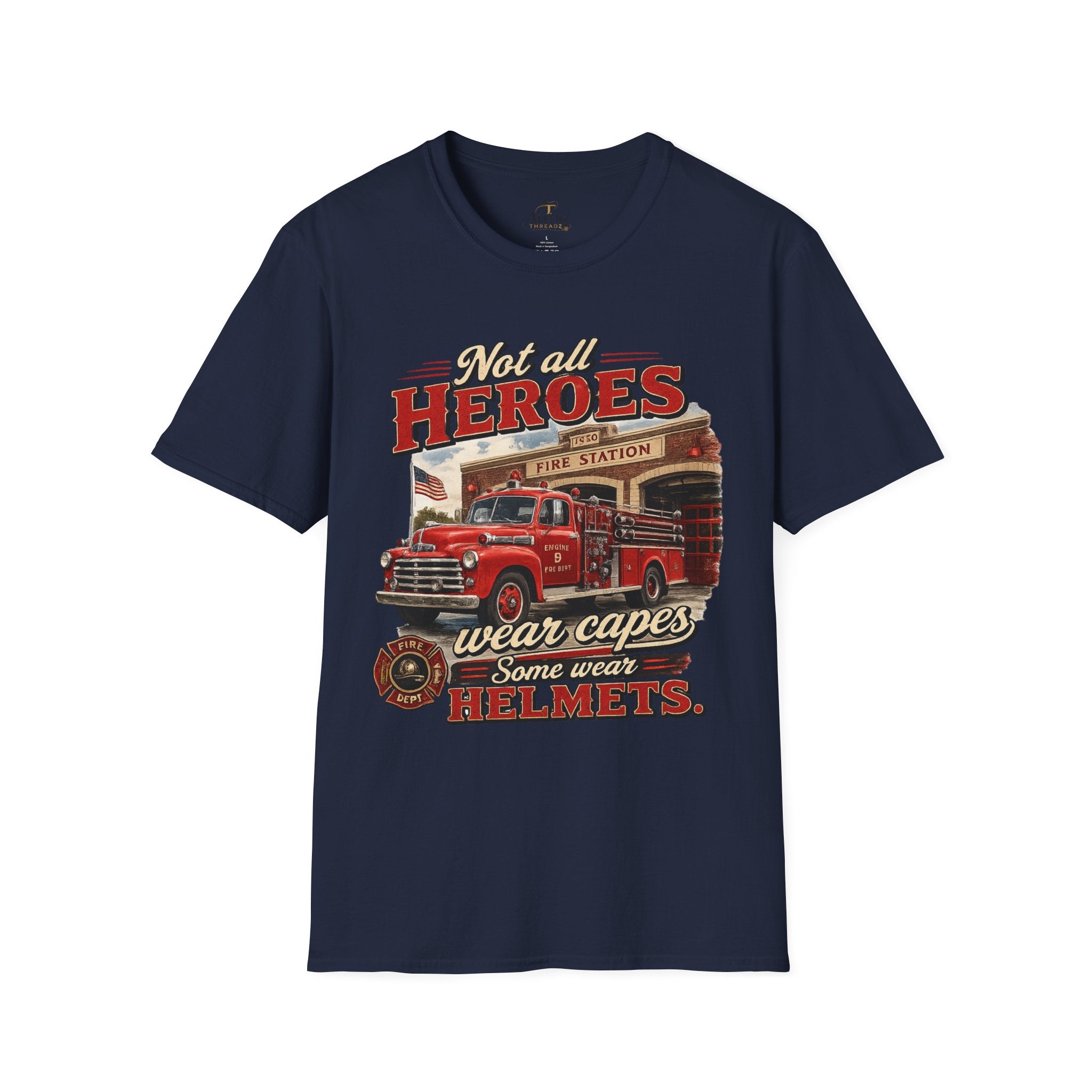 Firefighter T-Shirt — "Not All Heroes Wear Capes, Some Wear Helmets" Vintage Fire Truck Tee