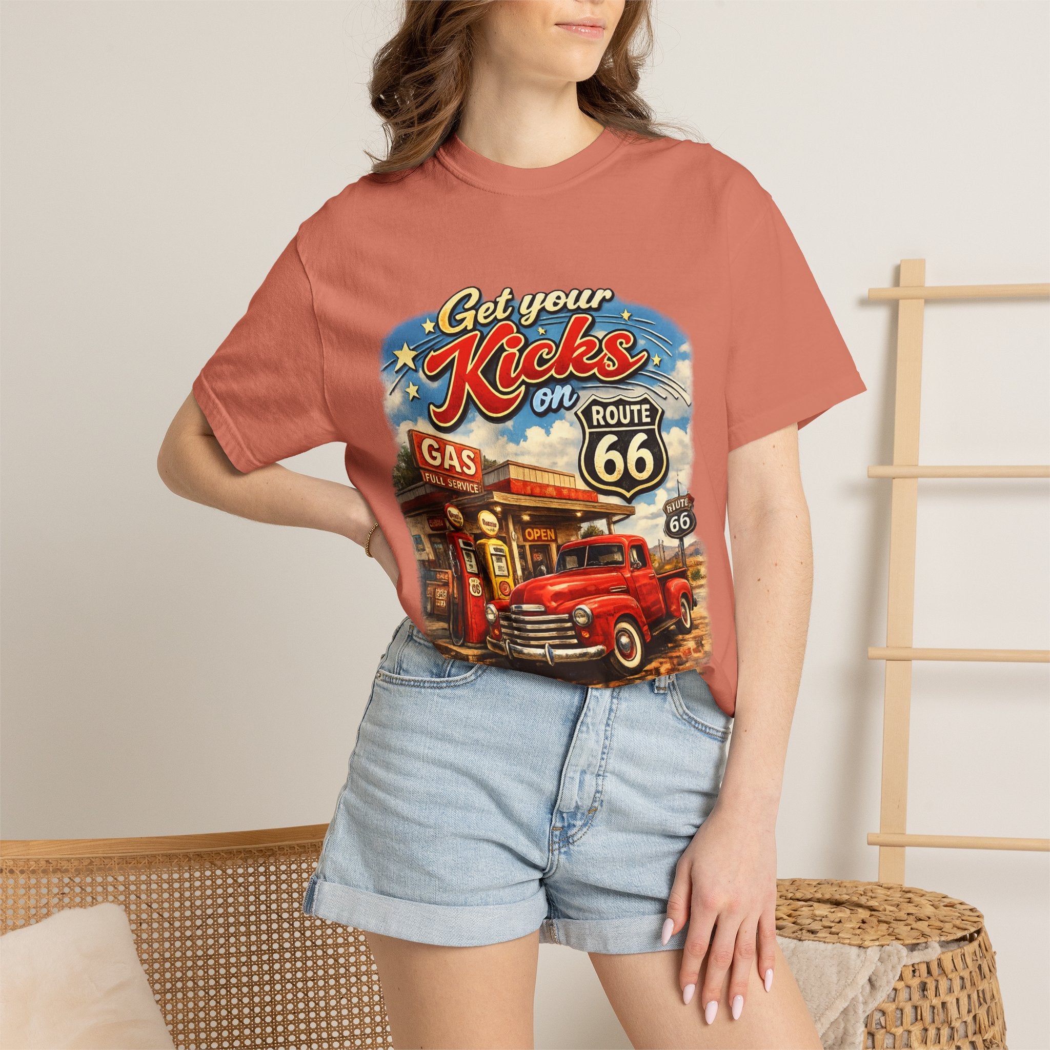 Route 66 Retro T-Shirt — "Get Your Kicks on Route 66" Vintage Gas Station Tee