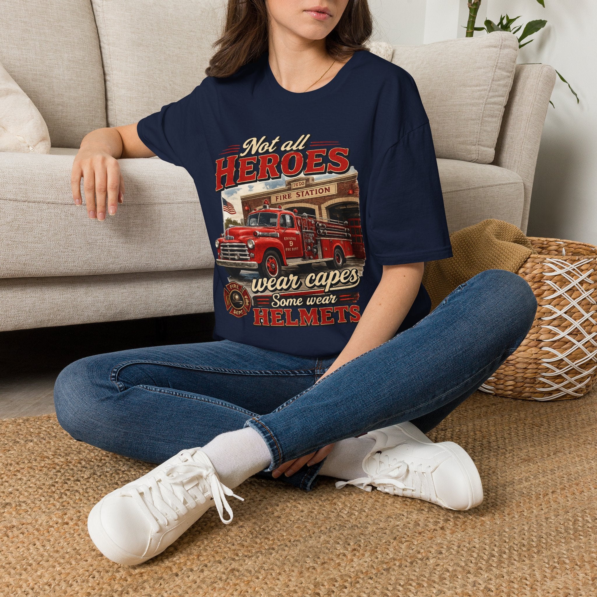 Firefighter T-Shirt — "Not All Heroes Wear Capes, Some Wear Helmets" Vintage Fire Truck Tee