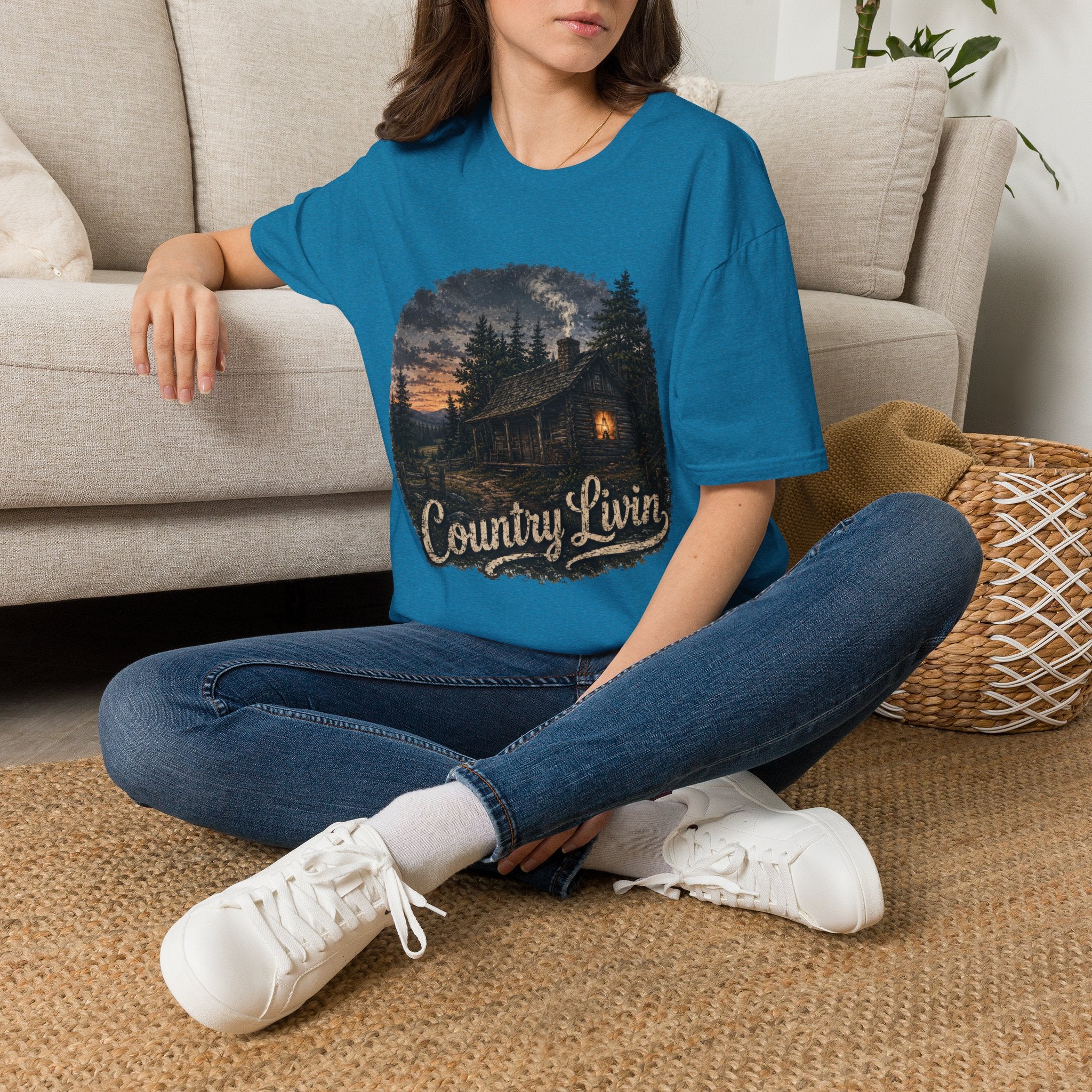 Country Livin' Cabin T‑Shirt — Rustic Sunset Woodlands Graphic Tee