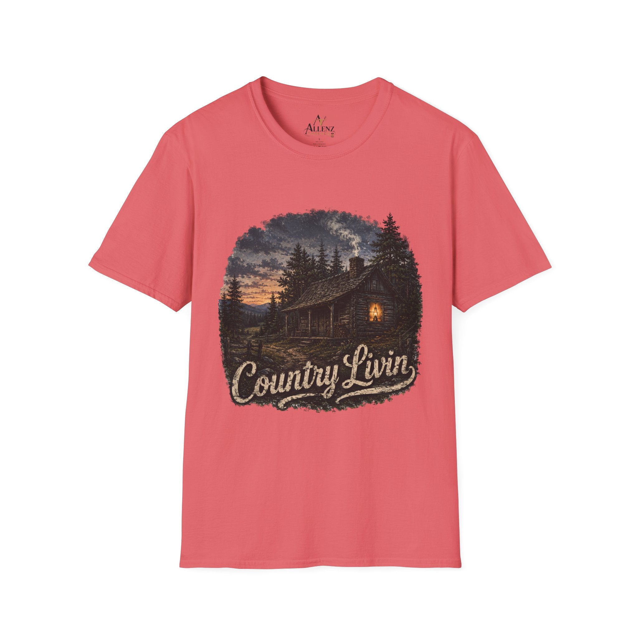 Country Livin' Cabin T‑Shirt — Rustic Sunset Woodlands Graphic Tee