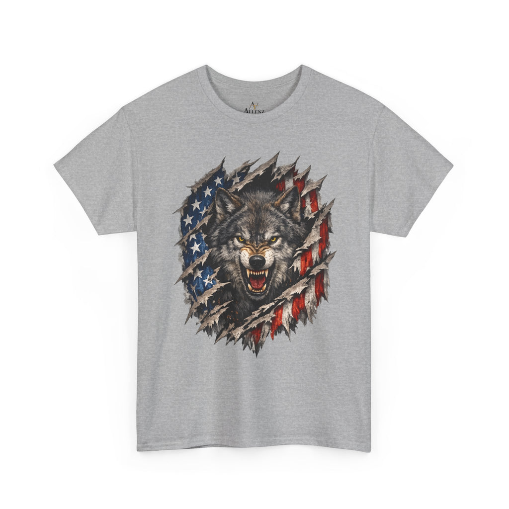 Unisex Heavy Cotton Tee - American flag with wolf face